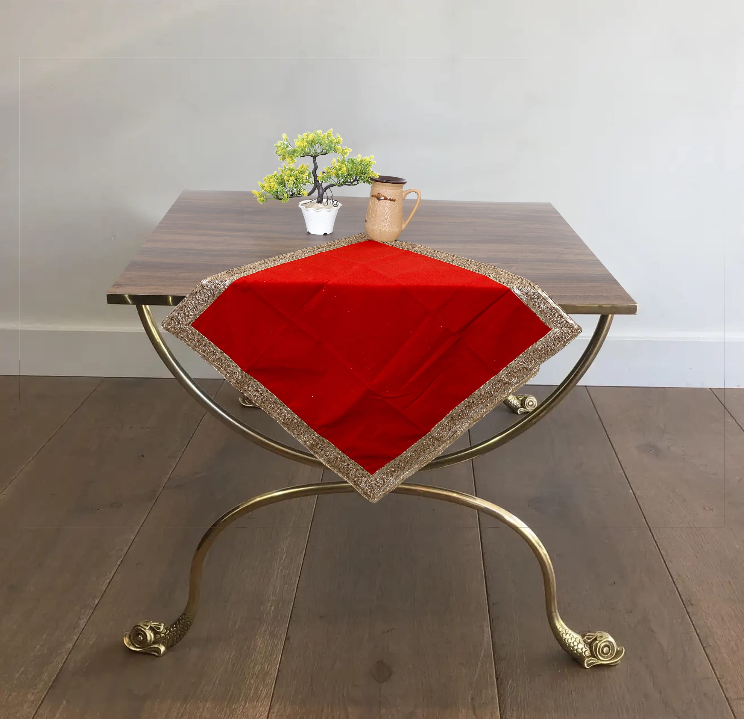 Indian Bright Red Velvet Pooja Cloth with Golden Shiny Border - Holy Square Altar Table Cover for Puja, Tarot, Meditation & Spiritual Ceremonies
