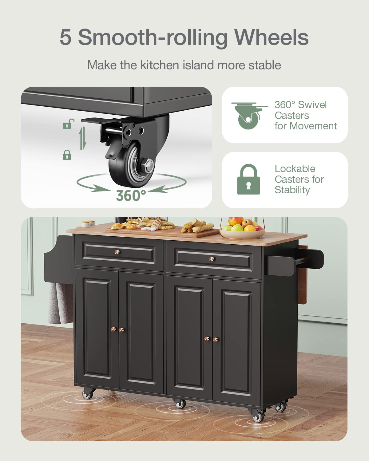 Kitchen Island with Storage & Side Rack - 5-Wheel Mobile Kitchen Cart with Durable Rubber Wood Top (Black) - Perfect for Small Kitchens, Food Prep, and Extra Counter Space