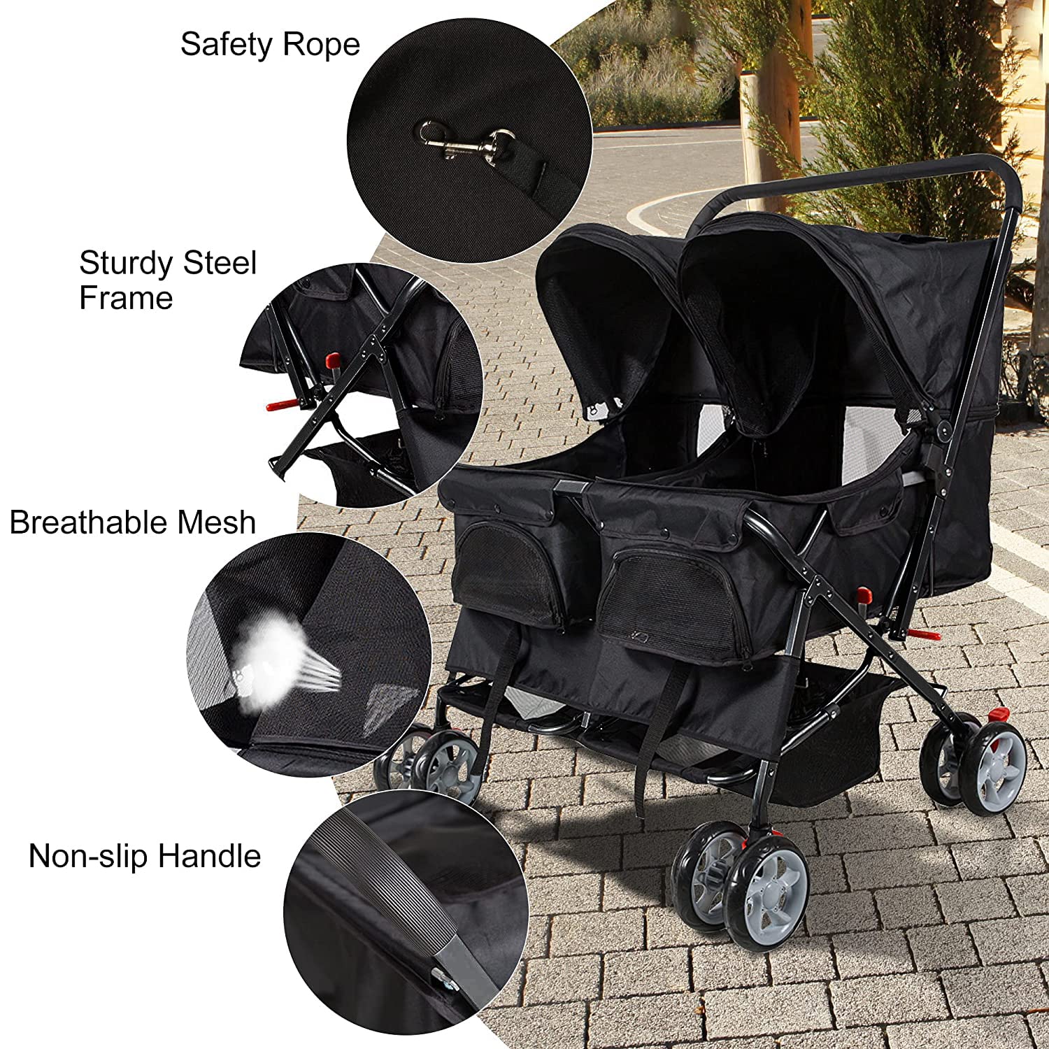 Double Pet Stroller for 2 Dogs & Cats - Foldable Two-Seater Carrier Cart with Multiple Colors (Black) | Perfect for Park Walks, Vet Visits & Outdoor Adventures