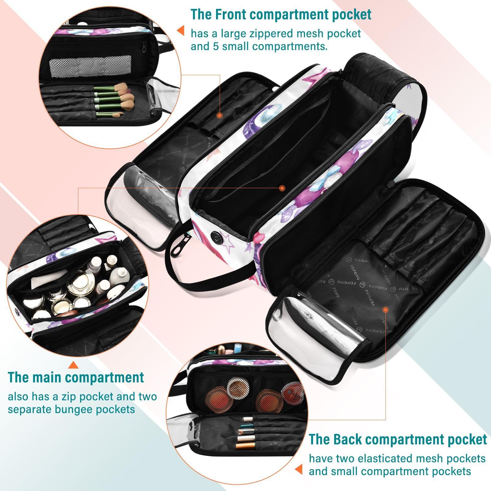 Gnome Makeup Bag with Brush Compartment - Travel Cosmetic Organizer for Women