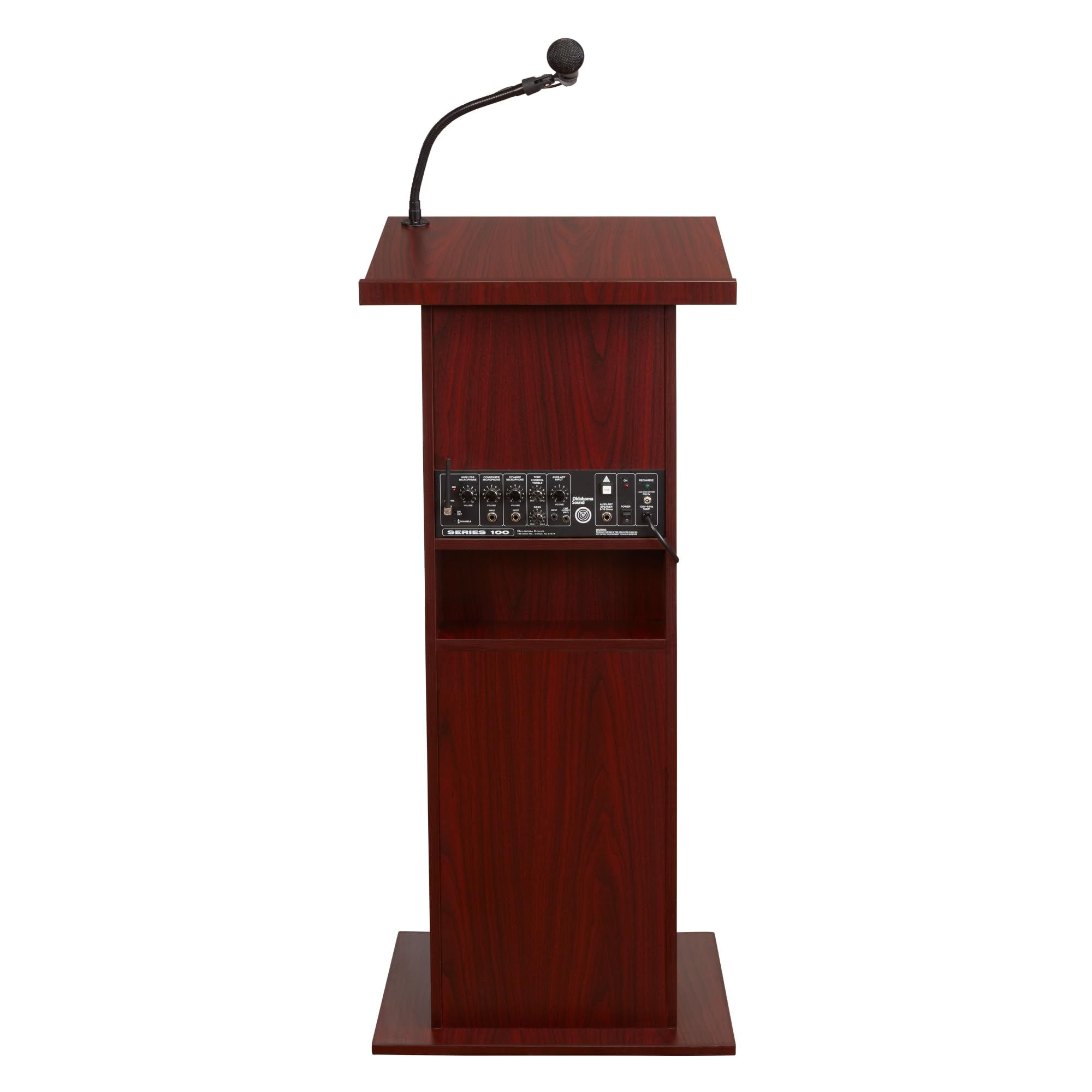 Oklahoma Sound 111PLS-MY/LWM-7 Power Plus Lectern & Wireless Headset Microphone System - Premium Mahogany Finish for Churches, Conference Rooms & Public Speaking Events