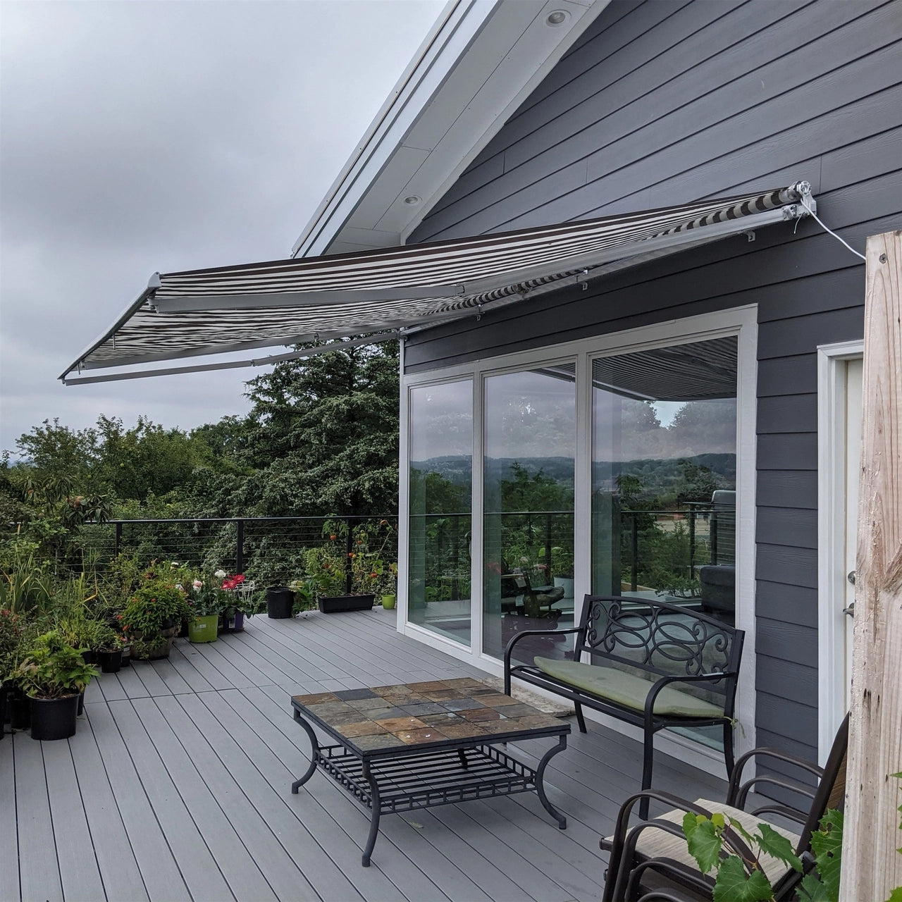 Motorized Retractable Patio Awning 10x8 Feet - White Frame with Gray & White Stripes - Perfect for Outdoor Shade & Backyard Relaxation