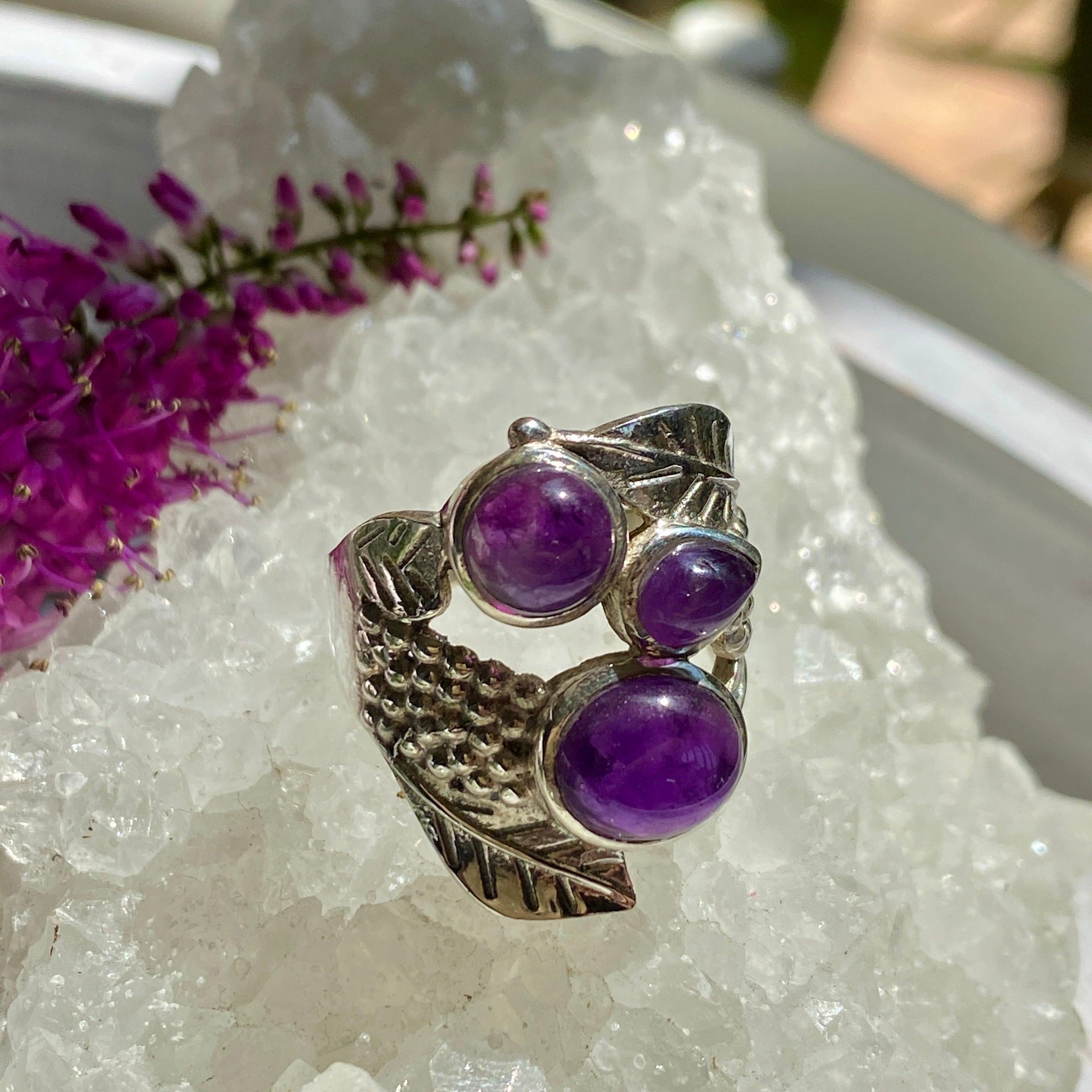 Amethyst Triple Stone Detailed Banded Ring - Size 9 - Elegant Sterling Silver Jewelry for Women - Perfect for Weddings, Parties & Everyday Wear