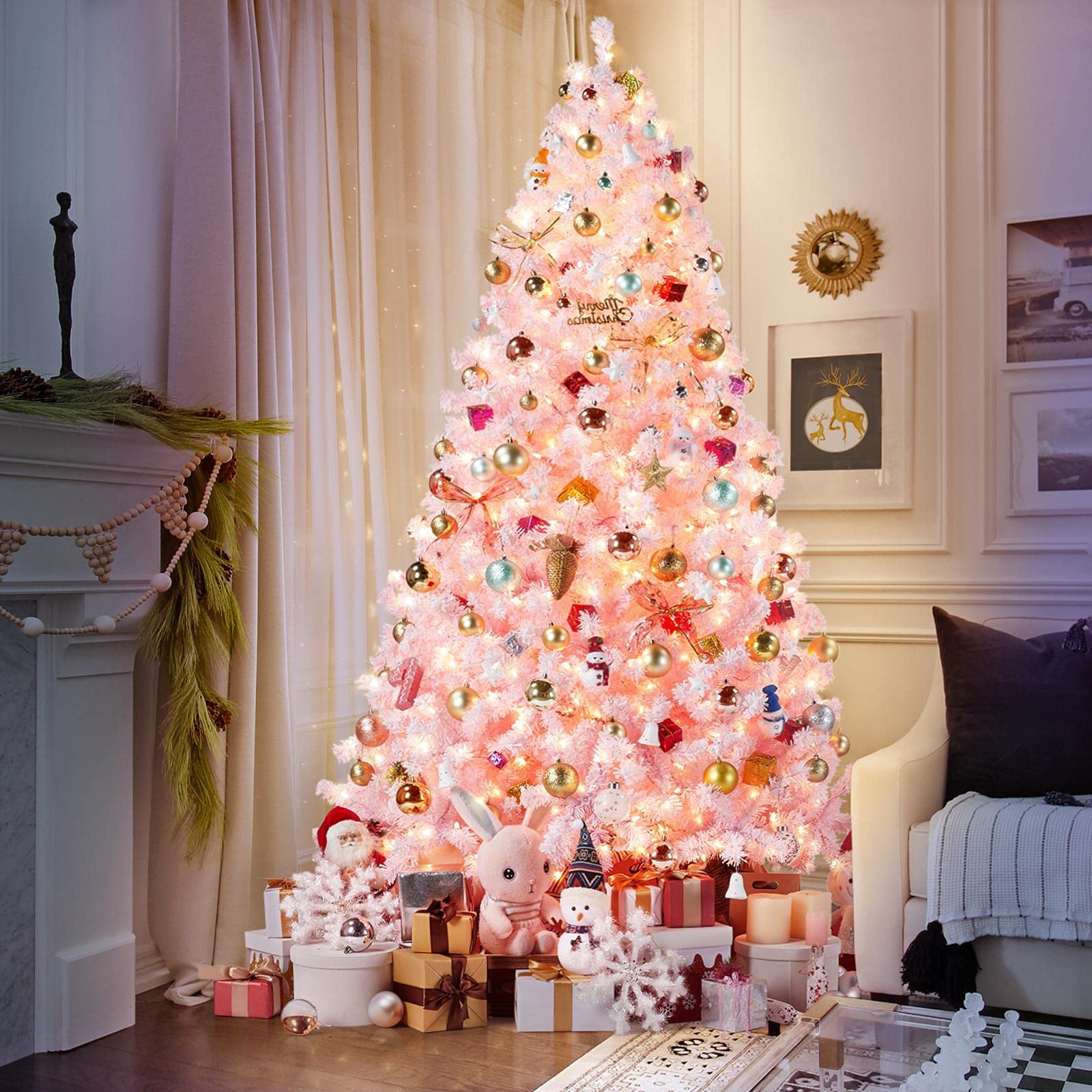 Yaheetech 7.5ft Pre-lit Artificial Christmas Tree with 550 Warm White Incandescent Lights - Snow Flocked Full Prelit Xmas Tree with 1284 Branch Tips & Foldable Stand (Pink) - Perfect for Living Room, Office, and Holiday Decorations