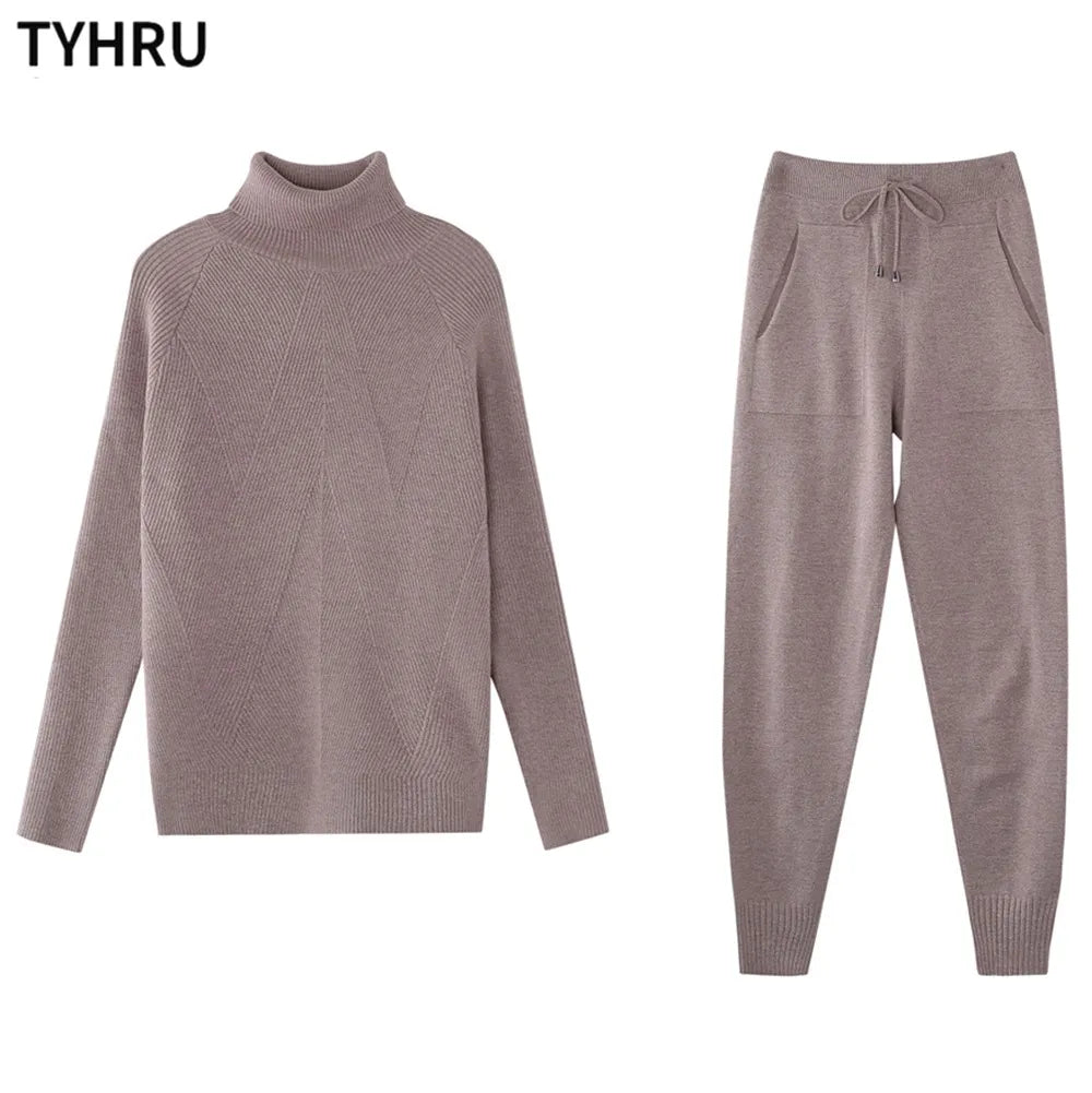 Women's Autumn Winter Tracksuit Set - Solid Color & Striped Turtleneck Sweater with Elastic Waist Pants | Cozy Knitted Two-Piece Outfit for Casual Wear, Lounge, Workout & Street Fashion