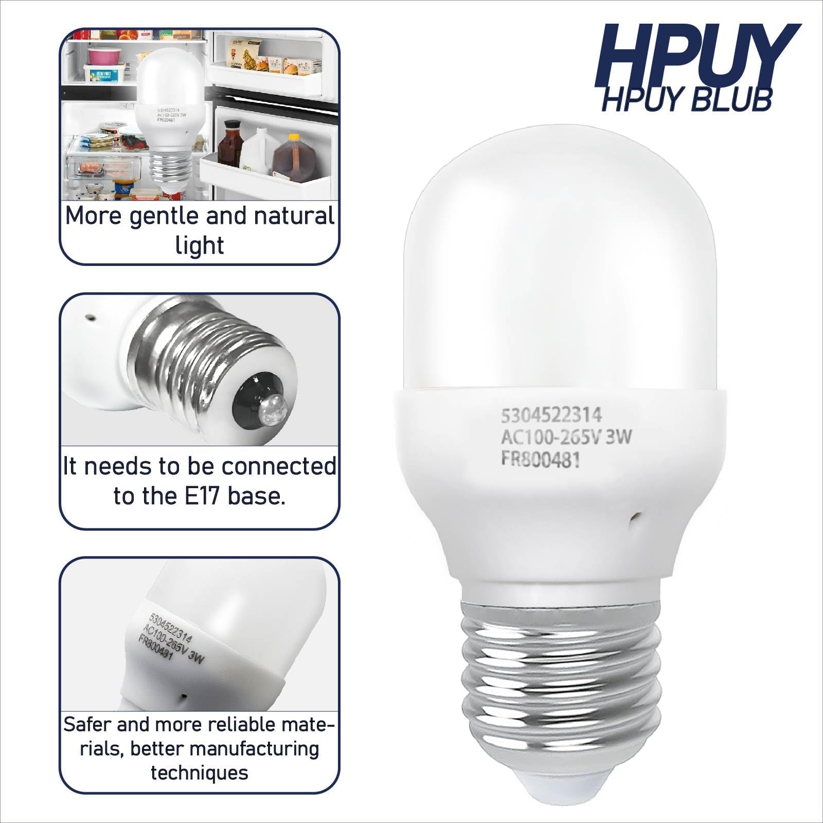 Frigidaire Refrigerator LED Light Bulb Replacement - 3W E17 Base AC100-265V Compatible with Kei D28x & Kel 2816x (Model 5304522314) - Perfect for Fridge Interior Lighting & Appliance Repair