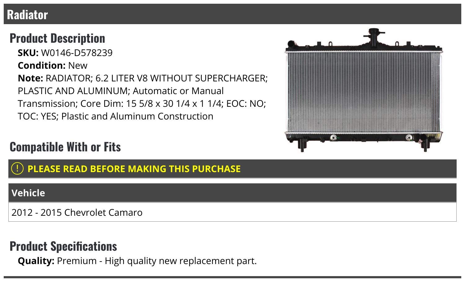 2012-2015 Chevy Camaro Radiator with Oil Cooler - Engine Cooling Upgrade