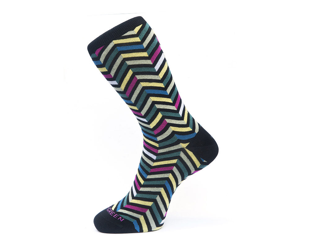 Fortis Green Men's Black Zig Zag Pattern Socks - Comfortable & Stylish for Casual Wear, Work & Outdoor Activities