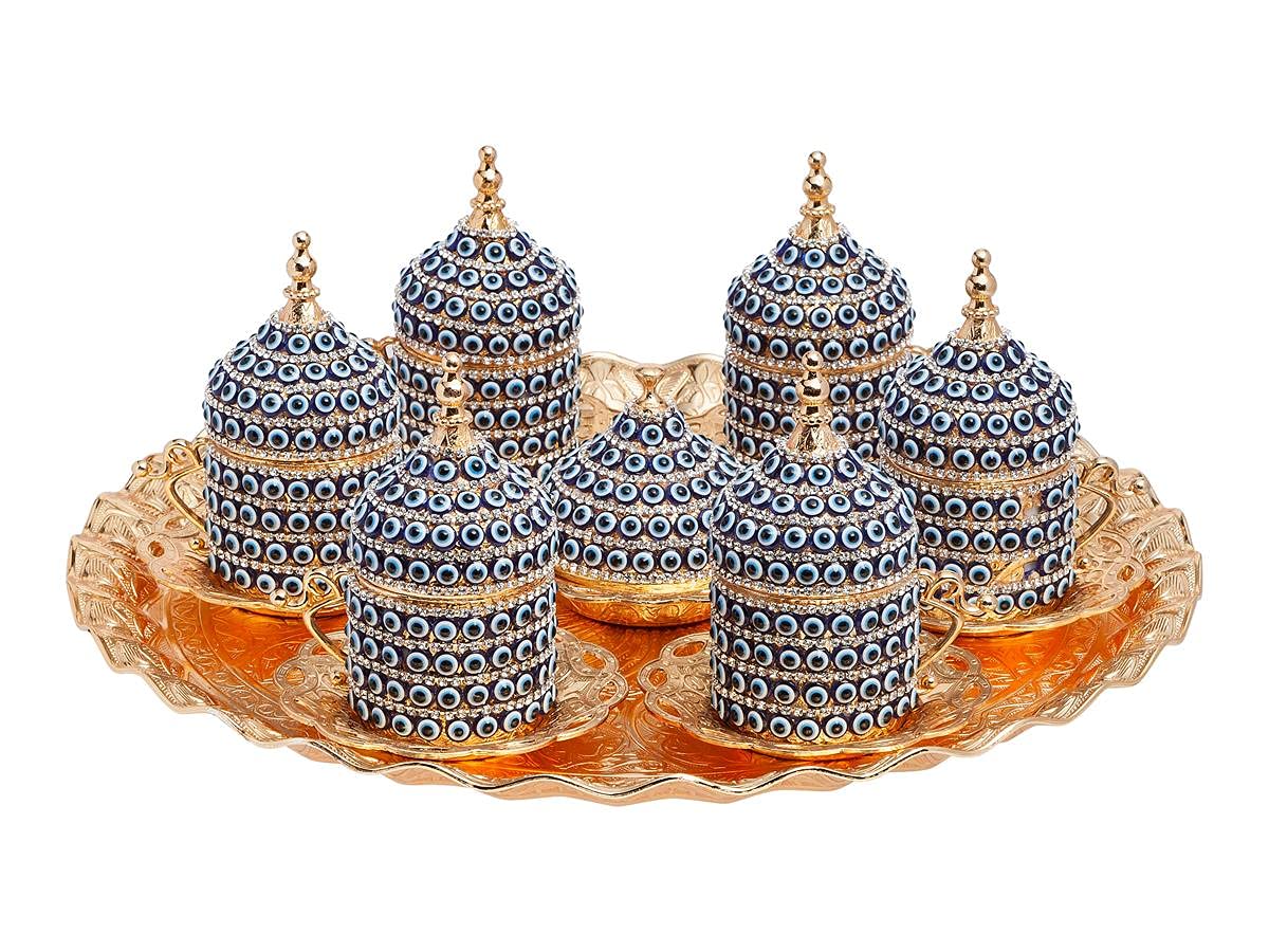 Evil Eye Espresso Coffee Cup Set - 6-Piece Porcelain Turkish Arabic Greek Gold Coffee Cups with Saucer, Lid, Tray & Bowl - Perfect for Home, Office, Wedding Gifts & Turkish Coffee Ceremonies