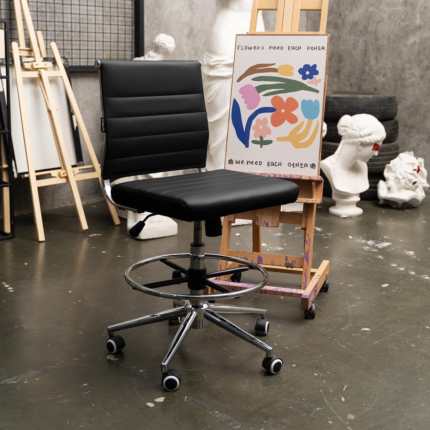 Okeysen Armless Drafting Chair - Adjustable Height PU Leather Office Chair for Standing Desks, Mid Back Support Rolling Stool with Footrest - Perfect for Home Office, Studio & Architectural Workspaces