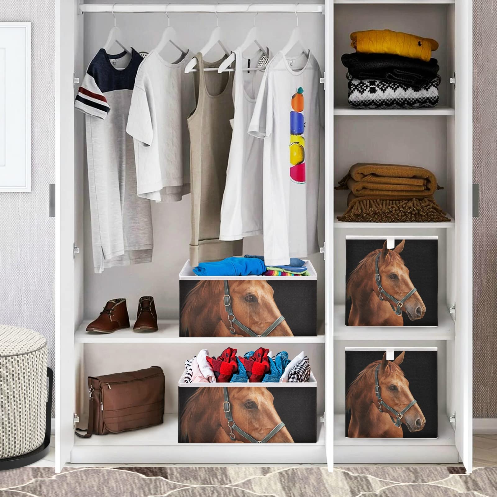 Red Horse Portrait Black Background Rectangular Collapsible Storage Basket - Foldable Nursery Organizer for Toys, Clothes & Home Organization | Easy Assembly for Bedroom, Playroom & Laundry Room