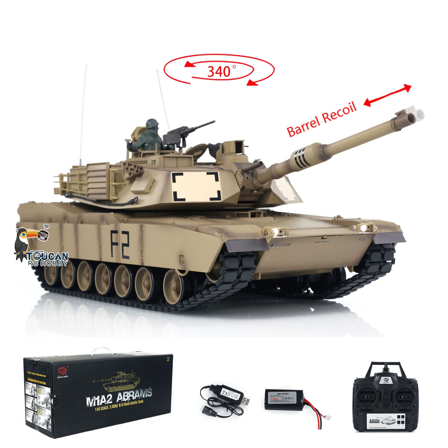 2.4Ghz Henglong 1:16 Scale 7.0 Plastic M1A2 Abrams RC Tank with Barrel Recoil - RTR 3918 Model 340 Turret Armored Vehicle - Perfect for Military Enthusiasts & RC Hobbyists (Battle Simulation & Collectible Display)