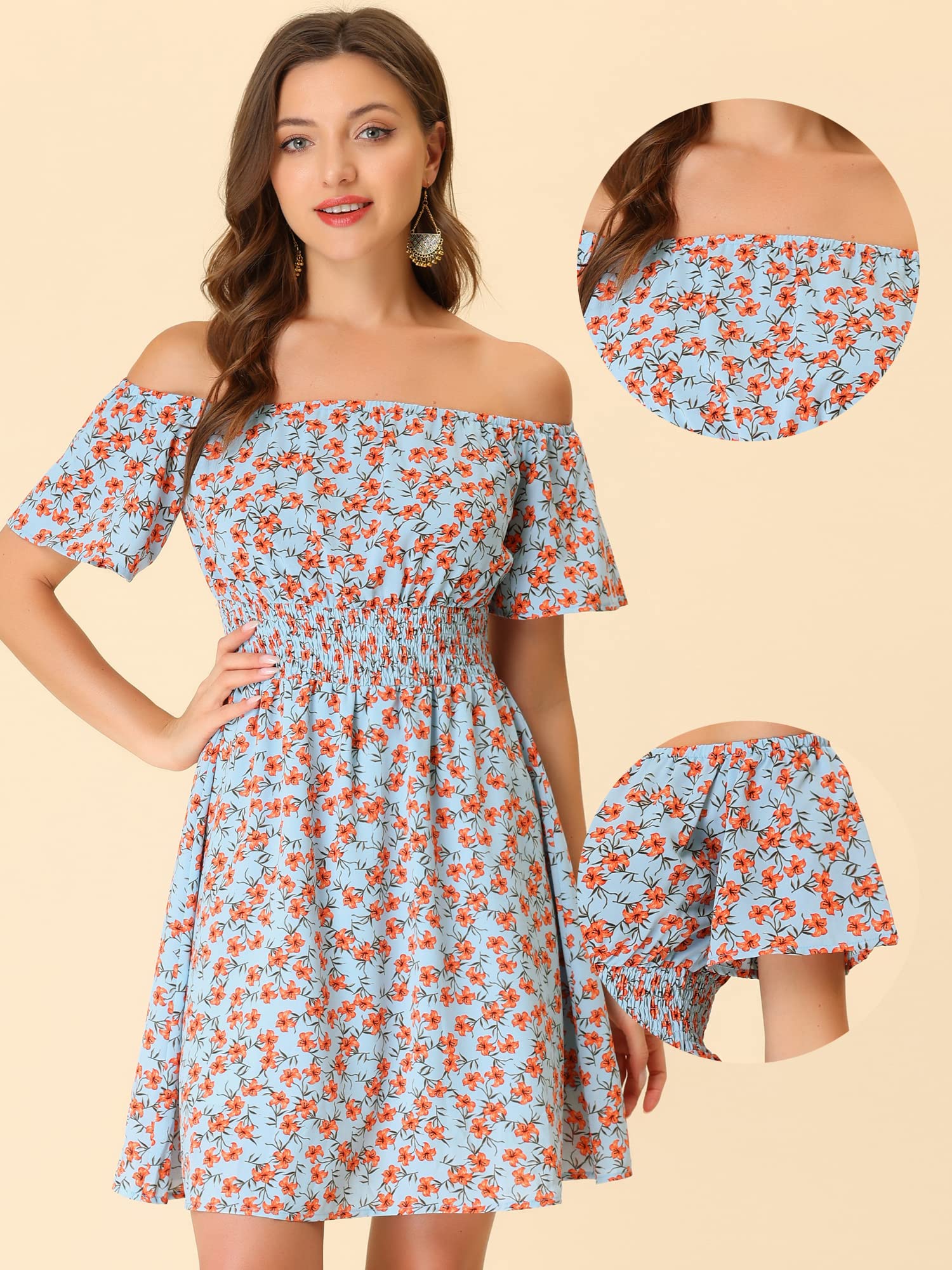 Allegra K Women's Summer Floral Off Shoulder Chiffon Dress - Smocked Waist Short Dress for Beach, Vacation & Date Night