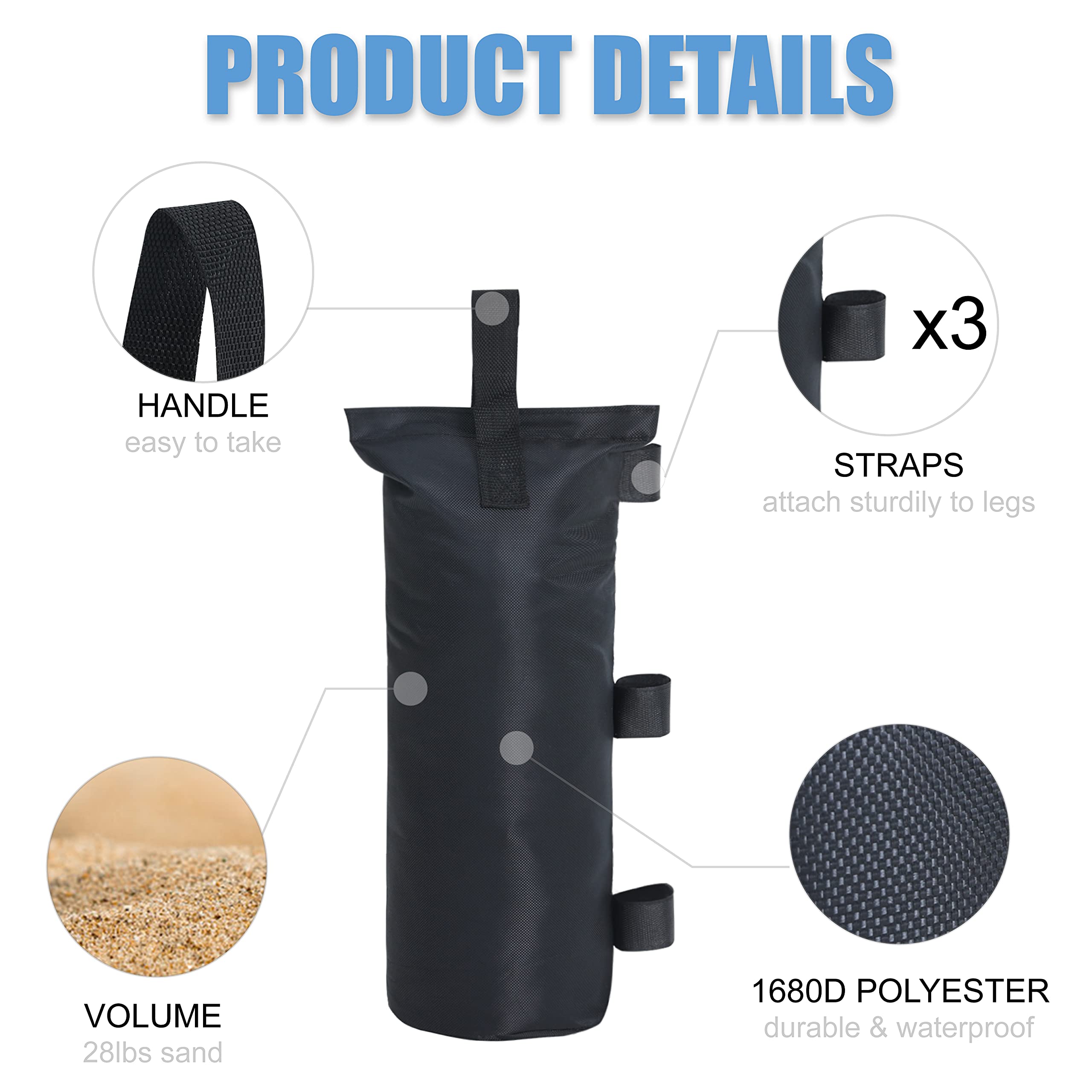 Heavy Duty Sand Bags for Pop Up Canopy Tent - 4 Pack with Shovel (7''x18'', Black) - Perfect for Outdoor Events, Beach Parties, and Camping Stability