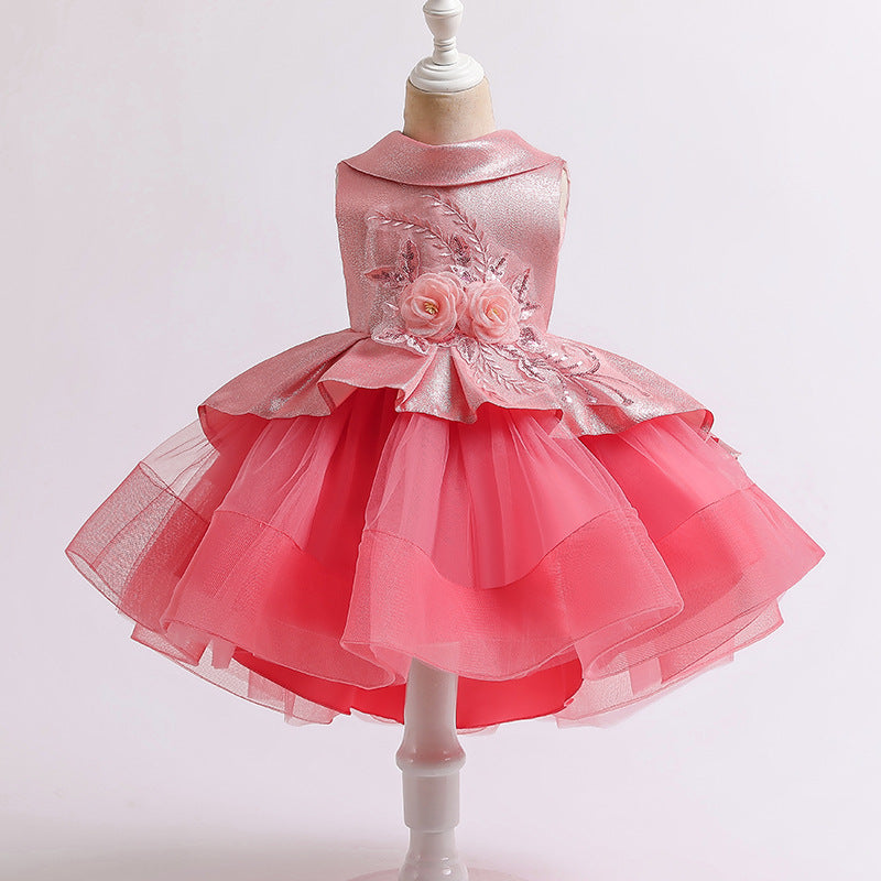 Embroidered Mesh Cake Princess Dress for Girls - Elegant Birthday Party Gown with Floral Lace Details | Perfect for Tea Parties, Pageants & Special Occasions