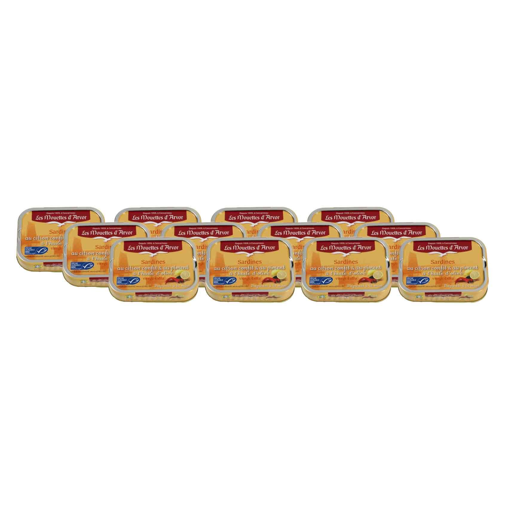 Les Mouettes d'Arvor Sardines in Extra Virgin Olive Oil with Lemon Confit & Chili Pepper - Case of 12 Cans (115g Each) | Premium Canned Fish for Gourmet Meals, Charcuterie Boards & Pantry Staples