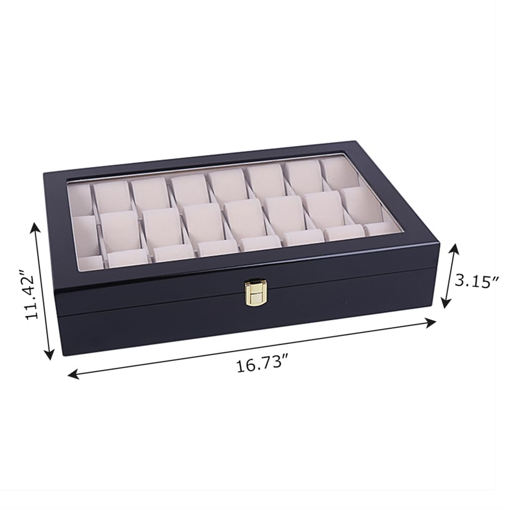 24-Slot Wooden Watch Box Organizer with Glass Top - Elegant Watch Collection Case for Men & Women - Perfect for Jewelry, Watches, and Rings Storage - Ideal for Home Display, Travel, and Gift Giving (Black)