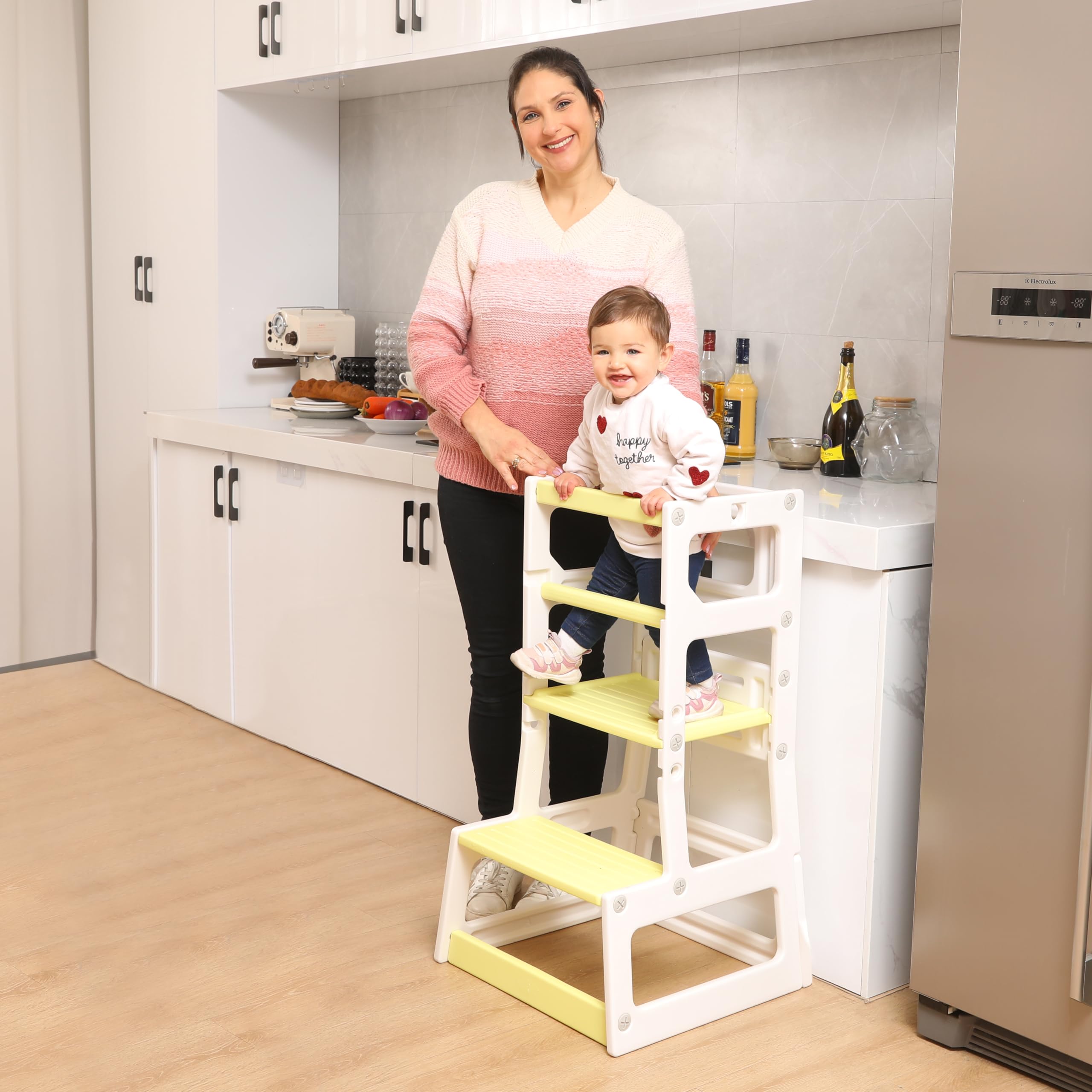 Adjustable Height Kids Kitchen Step Stool - Safe Toddler Learning Tower for Cooking & Bathroom Use | Non-Slip Platform for Children (Yellow) | Perfect for Baking, Washing Hands & Countertop Activities
