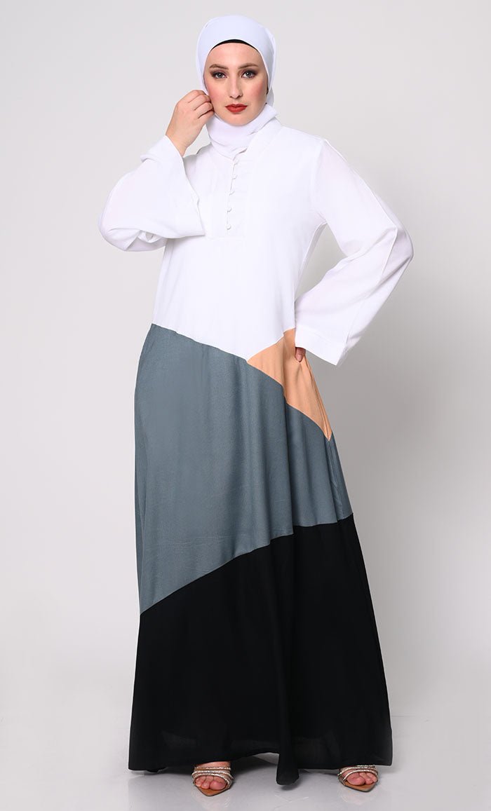 Elegant Neutral Color Block Abaya with Functional Pockets - Perfect for Modest Fashion, Prayer & Everyday Wear