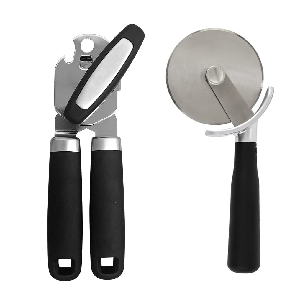 Premium Gorilla Grip Manual Can Opener with Built-in Bottle Opener & Rust-Resistant Pizza Cutter - 2-Piece Kitchen Essentials Set for Camping, Picnics, and Home Cooking (Black)