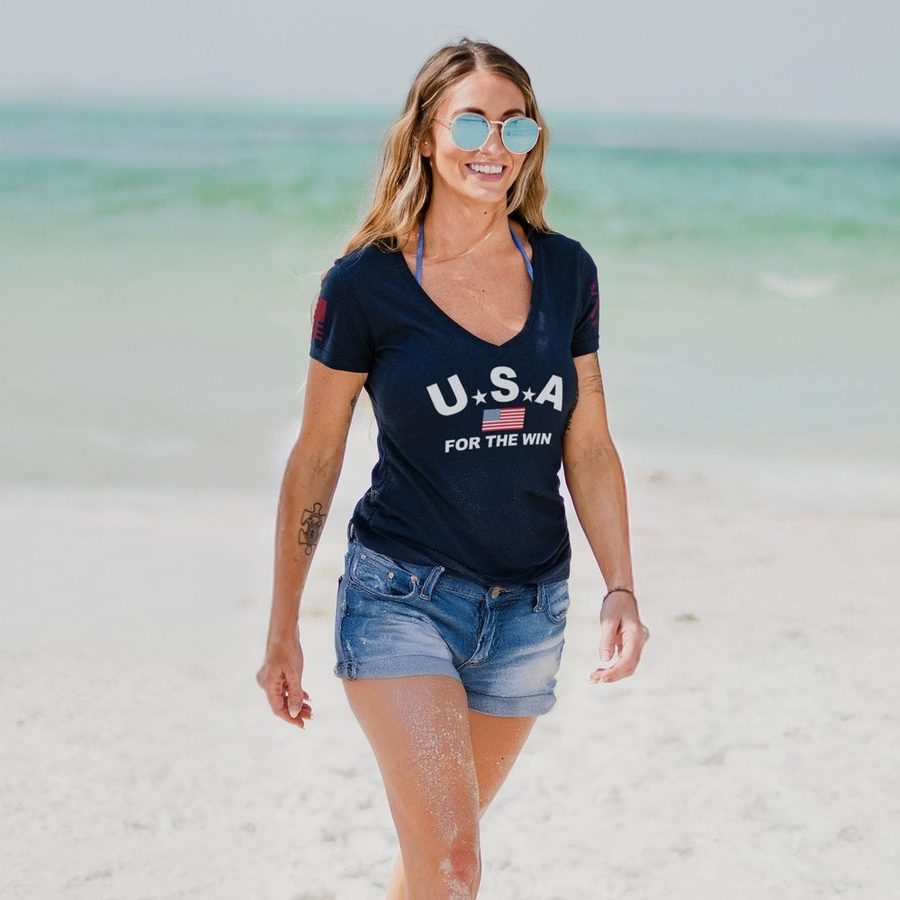 USA For The Win Women's V-Neck T-Shirt in Midnight Navy - Comfortable Casual Tee for Everyday Wear, Gym, and Outings