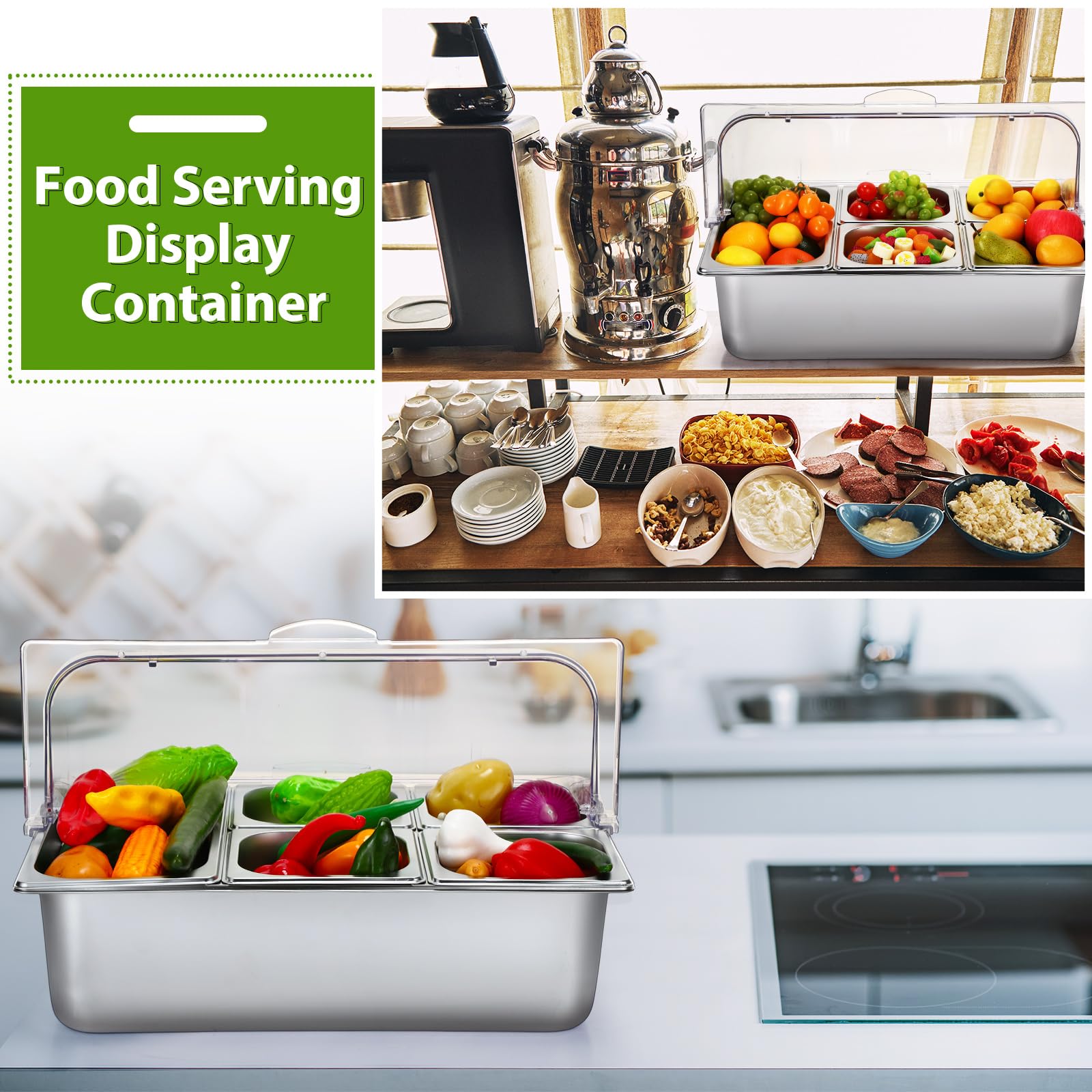 Stainless Steel Buffet Food Serving Tray with Clear Roll Top Cover - 5-Pan Countertop Display Container for Restaurants, Hotels & Parties | Perfect for Condiment Dispensing, Catering Events & Buffet Service