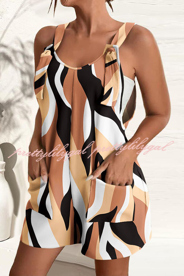 Tedros Women's Multicolor Print Loose Romper with Shoulder Tie & Pockets - Casual Summer Outfit for Beach, Vacation, and Outdoor Activities