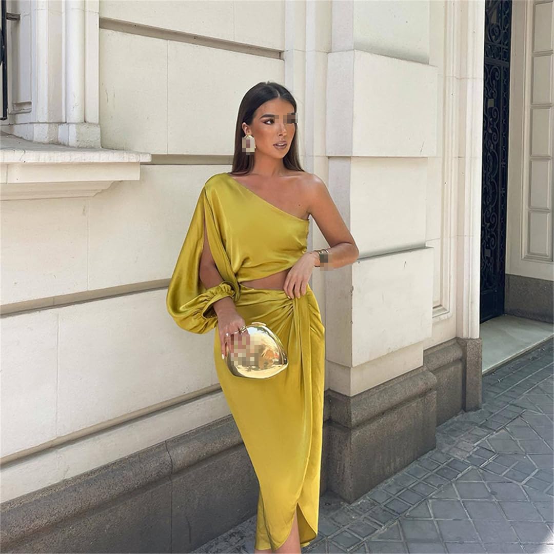 Elegant Yellow Asymmetric Cutout One Sleeve Dress for Women - Chic Prom, Party & Evening Wear - Perfect for Cocktail Parties, Date Nights & Special Occasions