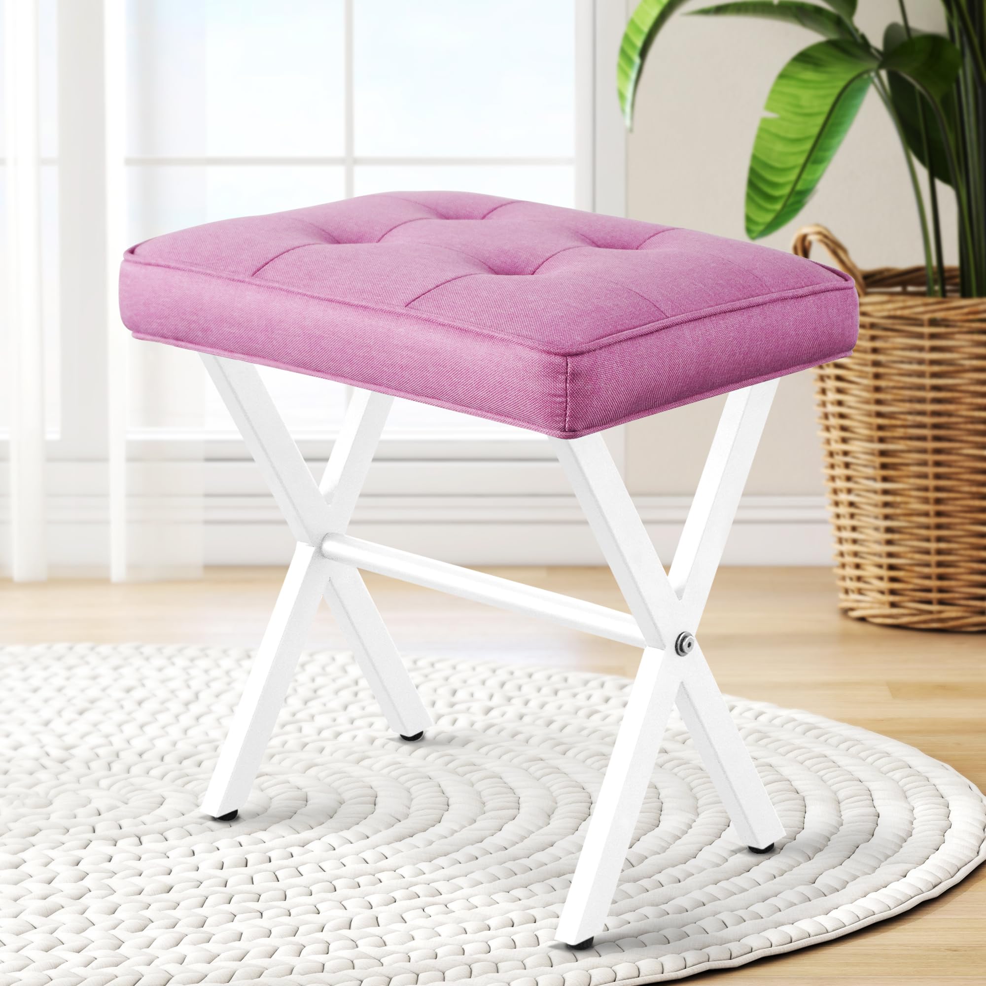 Pink Upholstered Vanity Stool with Metal X Legs - Makeup Chair, Ottoman Footrest for Bedroom, Bathroom & Living Room - Soft Padded Seat for Entryway & Dressing Area - Home Decor & Comfortable Seating Solution