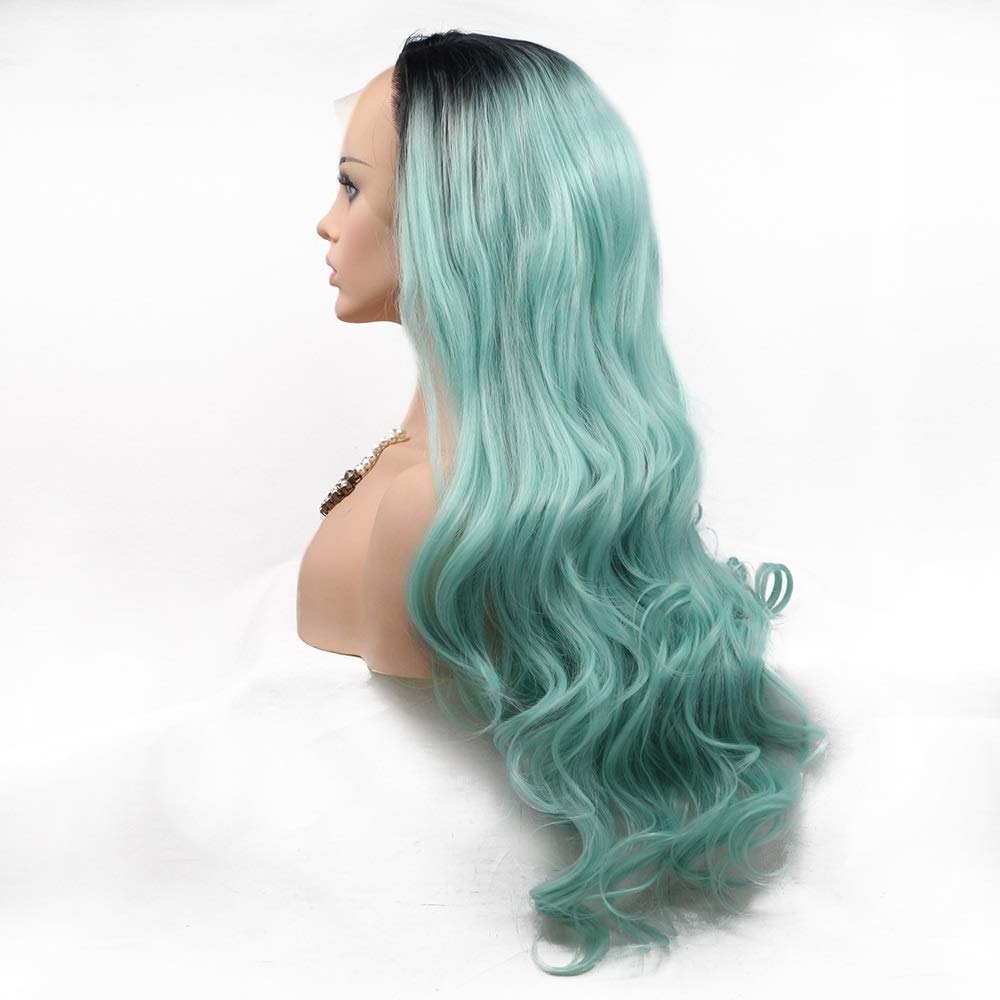 Warooma Long Curly Synthetic Lace Front Wig for Women - European & American Style Human Hair Wigs - Black to Green Ombre Gradient - Perfect for Cosplay, Parties & Daily Fashion