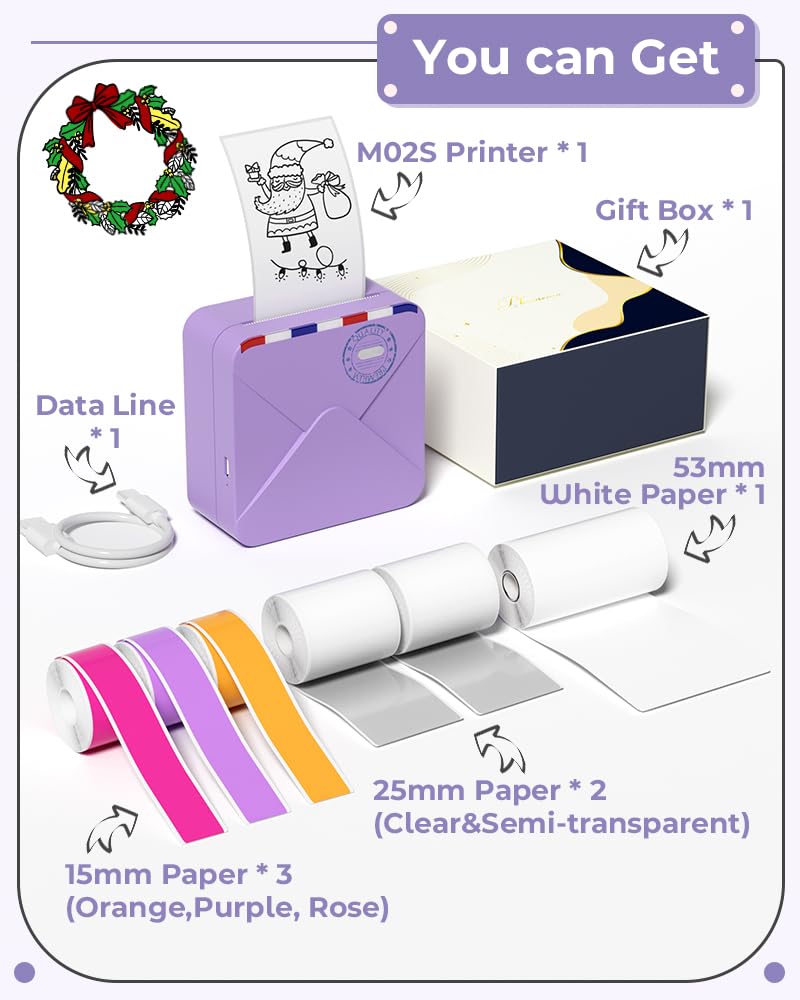 Phomemo Pocket Printer - 300dpi Bluetooth Inkless Mini Sticker Maker for DIY, Photos & Study Notes | Includes 6 Paper Rolls (Purple) | Perfect for Scrapbooking, Journaling & School Projects