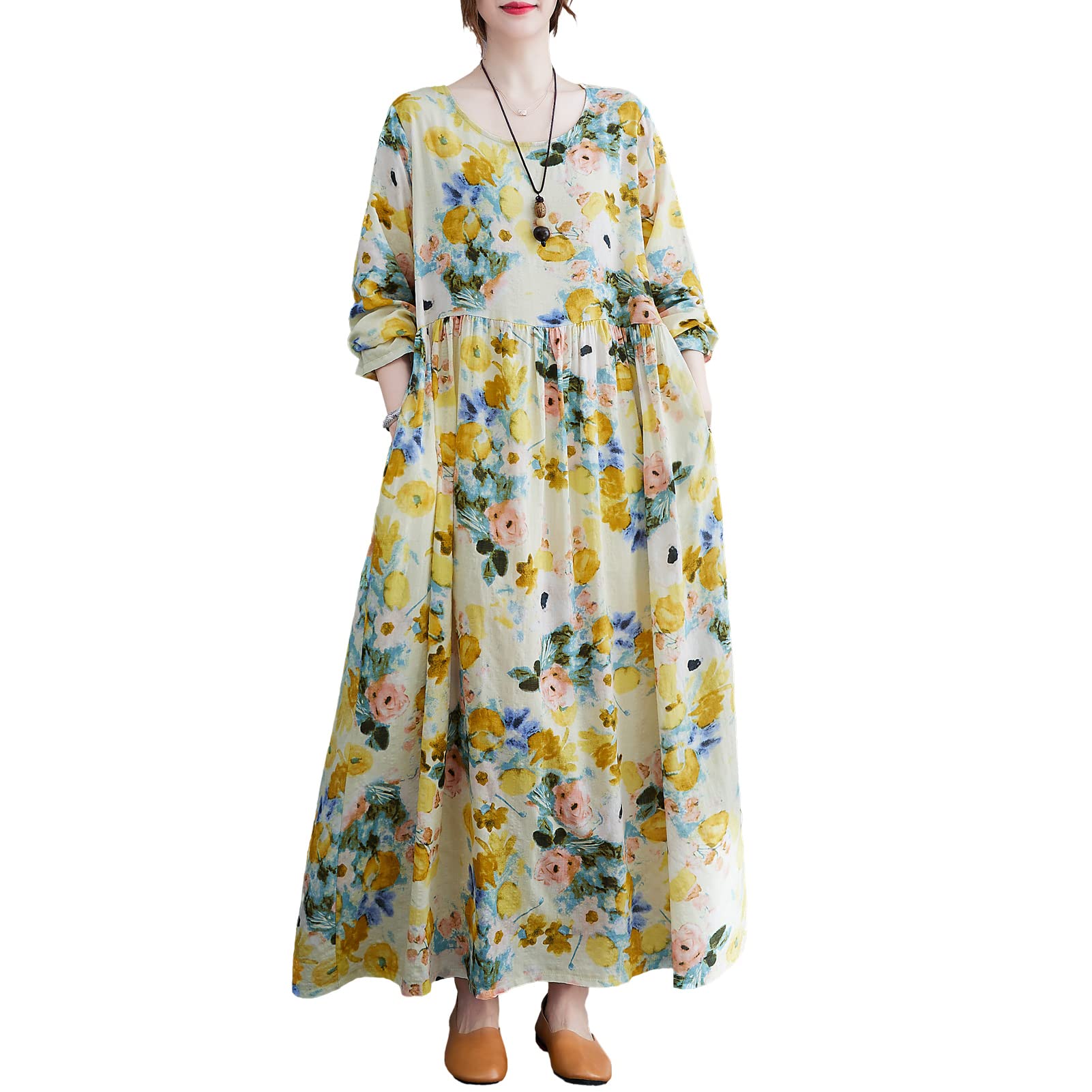 Women's Cotton Linen Long Sleeve Boho Floral Maxi Dress with Pockets - Perfect for Beach Vacations, Summer Outings & Casual Chic Style