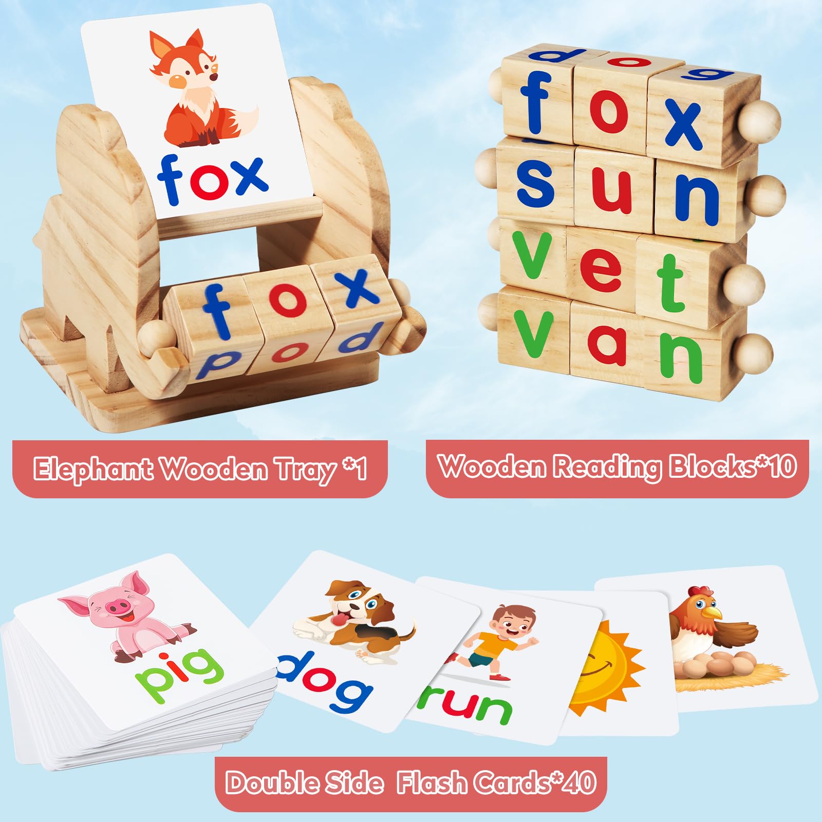 Montessori Wooden Reading Blocks & Flash Card Games - Educational Learning Toys for Kids Ages 3-5, Preschool Kindergarten Activities, Alphabet Matching Rotating Letter Blocks (Perfect for Homeschooling & Early Childhood Development)