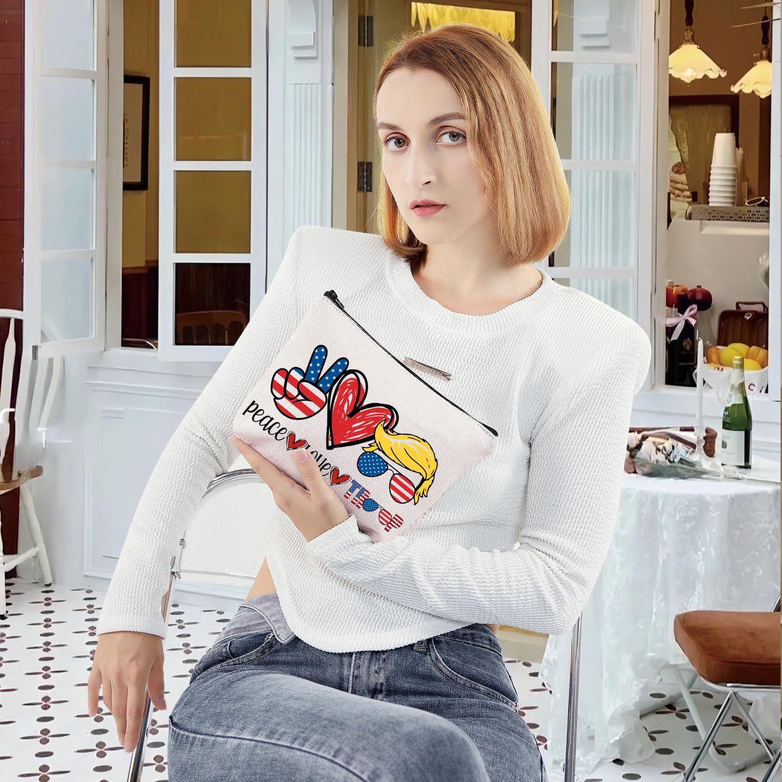 LEVLO Funny President 2025 Cosmetic Bag - Peace Love Makeup Zipper Pouch for Travel & Gifts (Trump Design) - Perfect for Election Parties, Political Gift Ideas & Travel Organizers