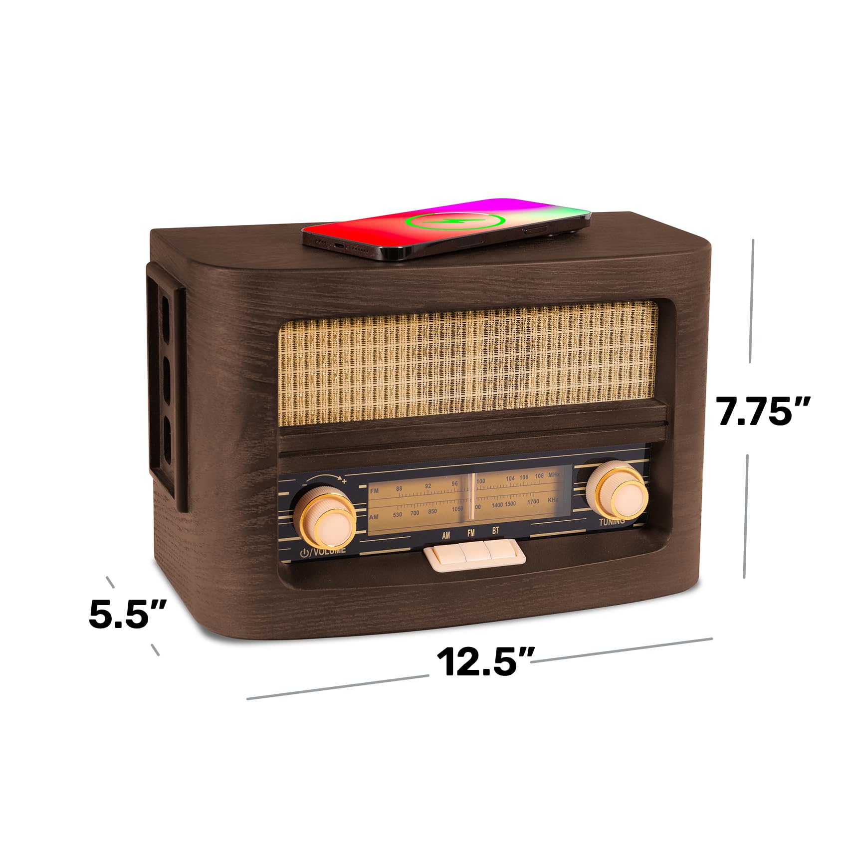 Vintage Wood Retro Bluetooth Speaker with Wireless Charging Pad | AM/FM Radio | AUX Input | Handcrafted Ashtree Wood | Mid Century Modern Design for Home, Office & Outdoor Use