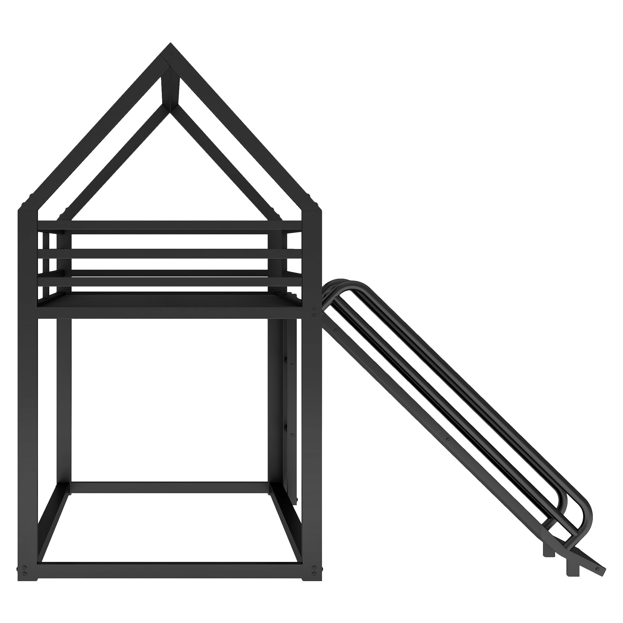 Morhome Twin Over Twin Metal Junior Low Bunk Bed with Slide & Ladder - Montessori Floor Bunk Bed Frame with Full-Length Guardrail, Noise-Free Design - Perfect for Kids' Bedroom, Playroom or Small Space