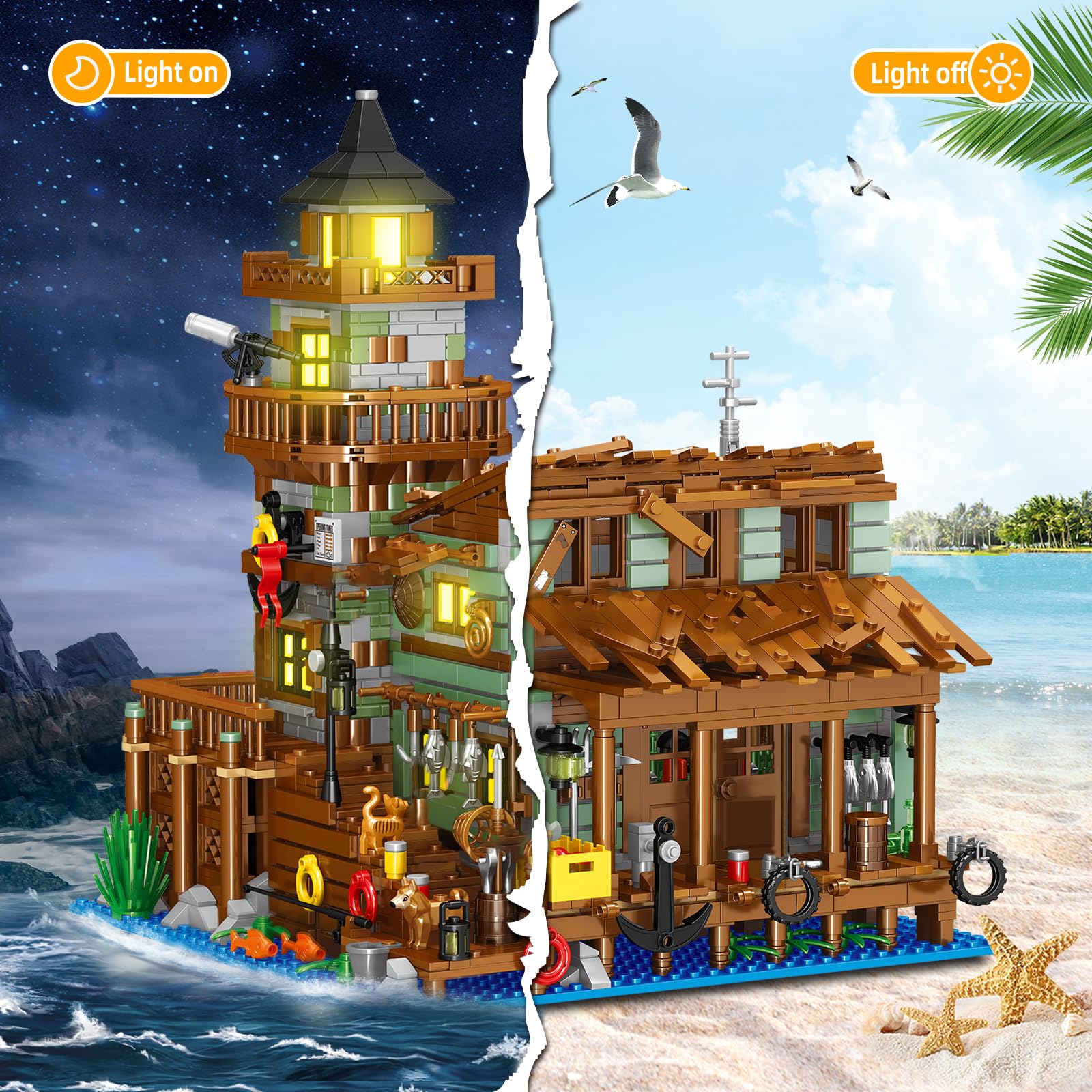 1881-Piece Wooden Cabin Mini Building Block Set with LED Lights - STEM Architecture Toy Kit for Adults & Kids Ages 8-12+ | Fishing Village Store House Model | Perfect Birthday Gift & Home Decoration (Not Compatible with Other Sets)