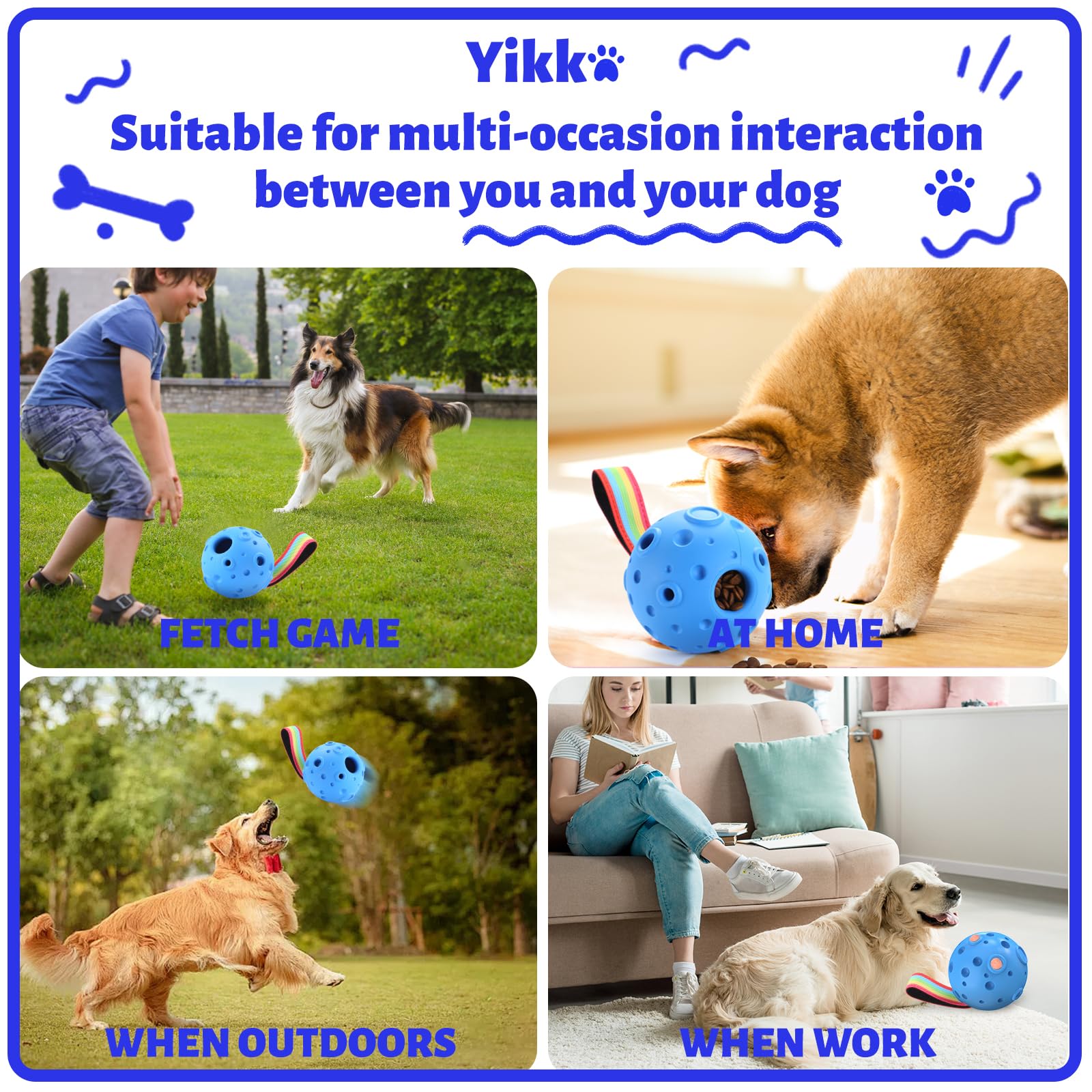 Yikko Interactive Dog Puzzle Toy - Fillable Frozen Enrichment Ball for Small to Large Dogs (10-80Lbs) | Durable Rubber Chew Toy for Indoor & Outdoor Play | Easy to Clean | Perfect Gift for Dog Birthday, Christmas & Training (Blue)
