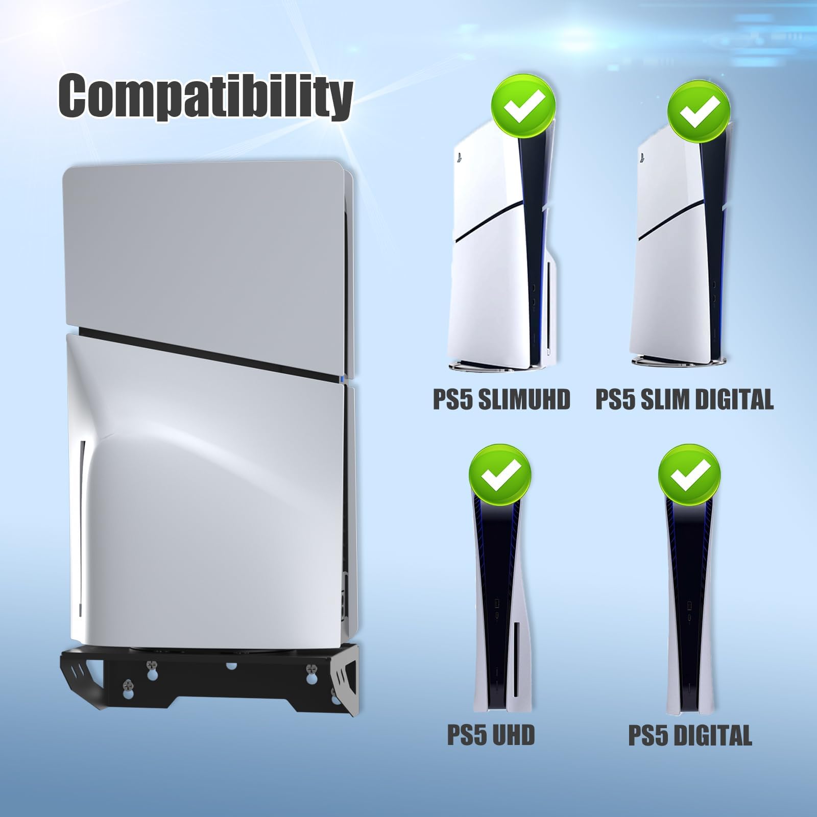 NANANINO PS5 Slim Wall Mount Kit - Black Wall Mount for PS5 with Controller Holder & Headphone Hook | Secure Storage Stand for PlayStation 5 Slim | Perfect for Gaming Room Setup & Space Saving Organization