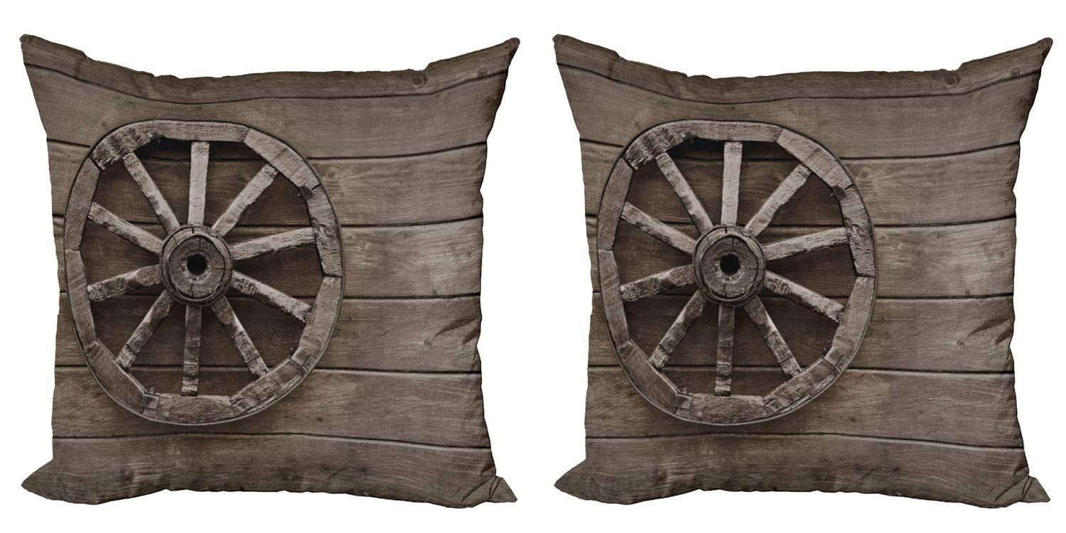 Ambesonne Vintage Barn Wood Wagon Wheel Throw Pillow Cover Set of 2 - 18 Inch Western Decor with Zippered Double-Side Digital Print - Perfect for Farmhouse, Rustic & Country Home Decor