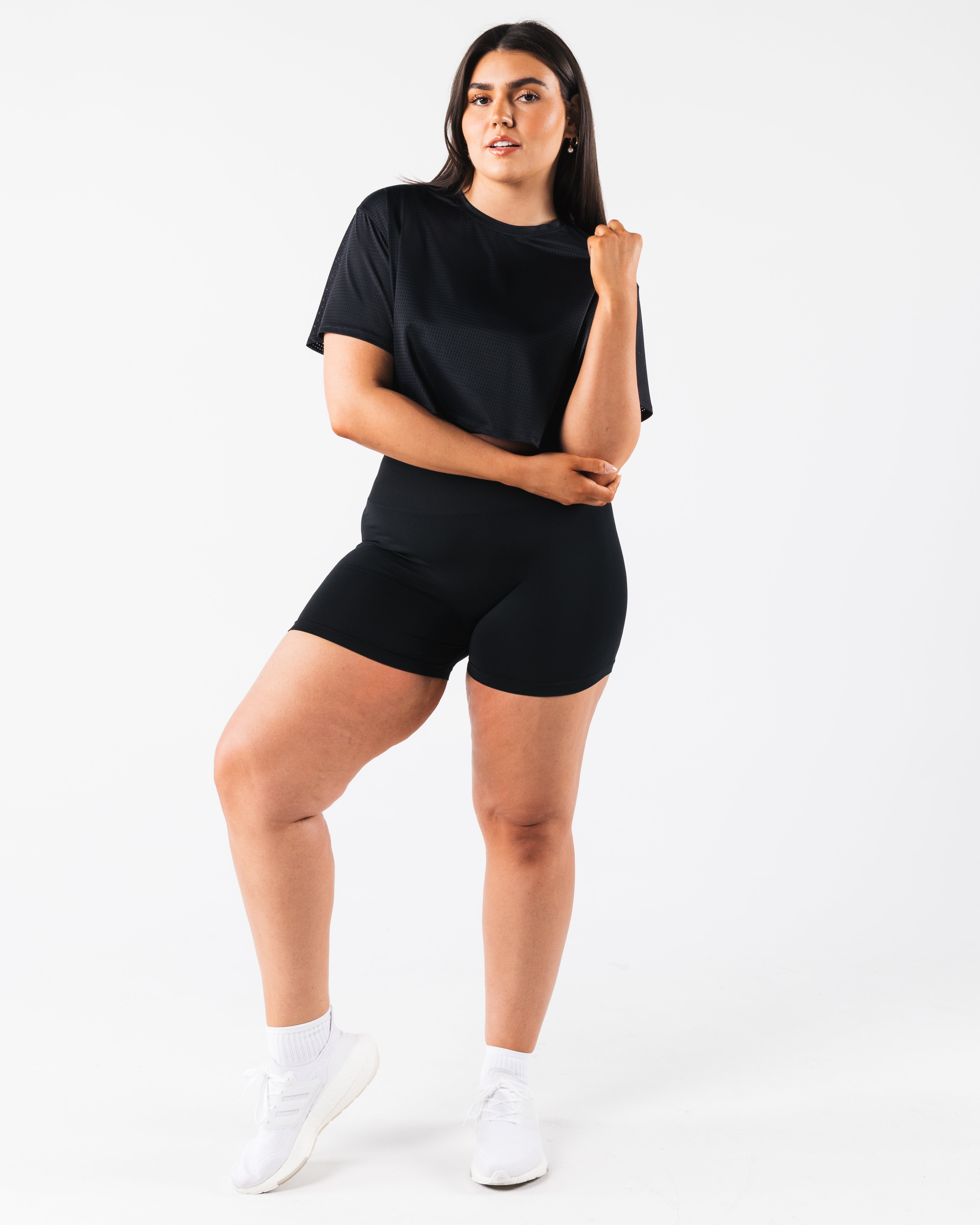 Margo Mesh Crop Tee - Women's Fashion Black Short Sleeve T-Shirt for Summer, Gym, and Streetwear Outfits
