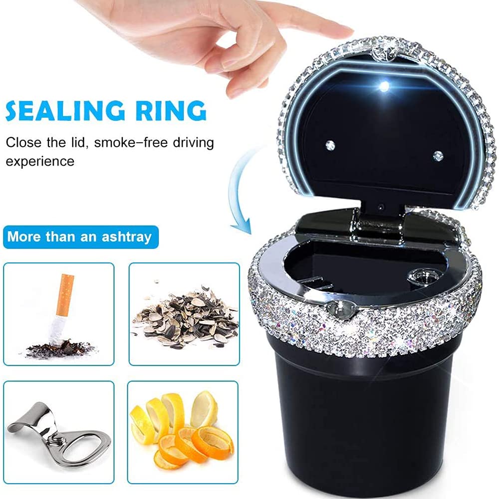 Bling Car Ashtray - Portable Luxury Crystal Cigarette Ashtray with Smell-Proof Lid, LED Light, Diamond Car Accessories - Perfect Gift for Women & Girls - Ideal for Car, Office, Home, Travel, and Outdoor Use (Red)
