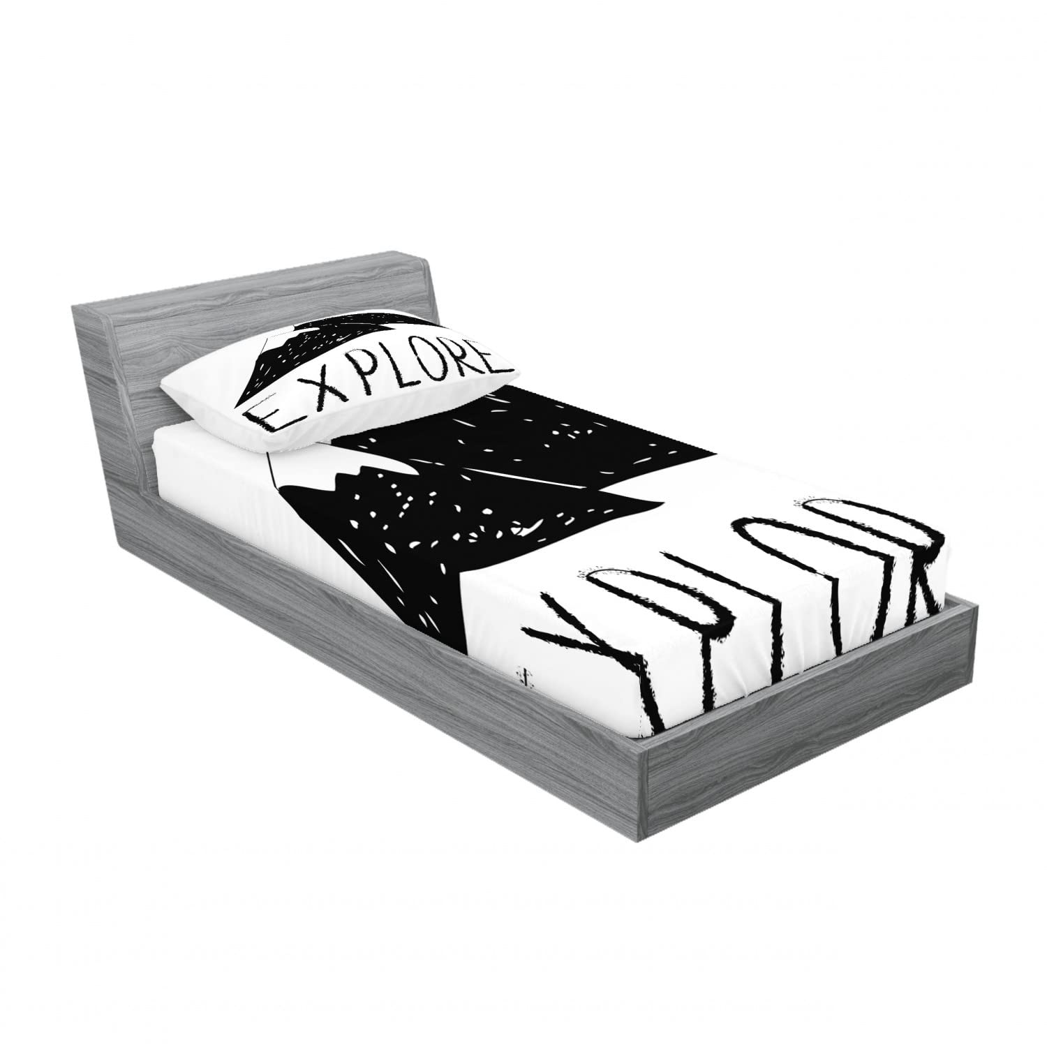 Ambesonne Adventure 2-Pack Twin Fitted Sheet & Pillow Sham Set - Wild Forest Print Black & White Bedding Decor (4-Piece Set) - Perfect for Kids Rooms, Camping Themed Bedrooms & Nature Lovers