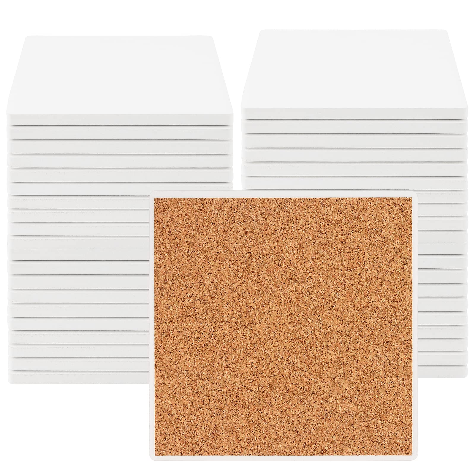 40 Pack 4x4 Inch White Ceramic Coasters with Cork Backing - Unglazed Square DIY Craft Tiles for Drink Holders, Home Decor, and Wedding Party Supplies