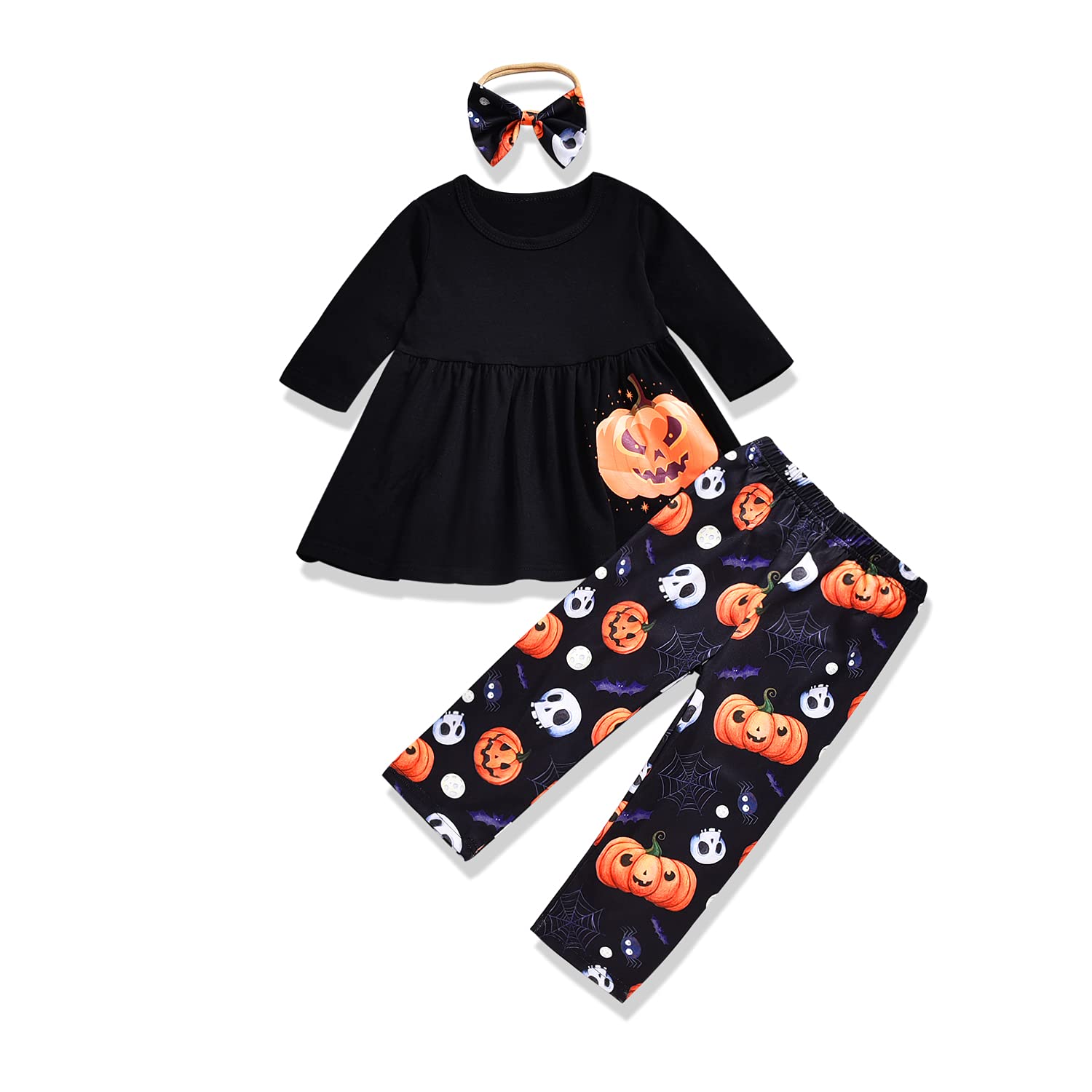 **Spooky Toddler Halloween Outfit Set - Skull & Pumpkin Ghost Top, Leggings & Headband - 3-Piece Costume for Baby Girls | Trick-or-Treat, Halloween Party, Photo Shoot**