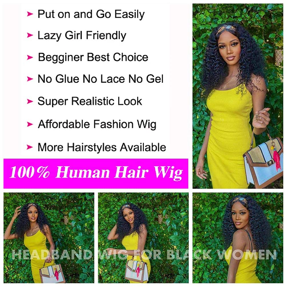 Headband Wig Water Wave Human Hair Wigs for Black Women - Glueless No Lace Front Brazilian Virgin Hair 150% Density 22 Inch | Perfect for Daily Wear, Parties & Special Occasions