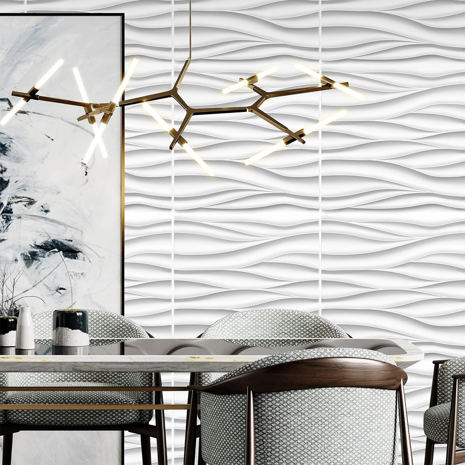 STICKGOO White 3D Wave Wall Panels - Pack of 12 Paintable Interior Wall Decor Tiles for Living Room, Bedroom & Office Accent Walls | Modern Home Design & DIY Wall Covering Solutions