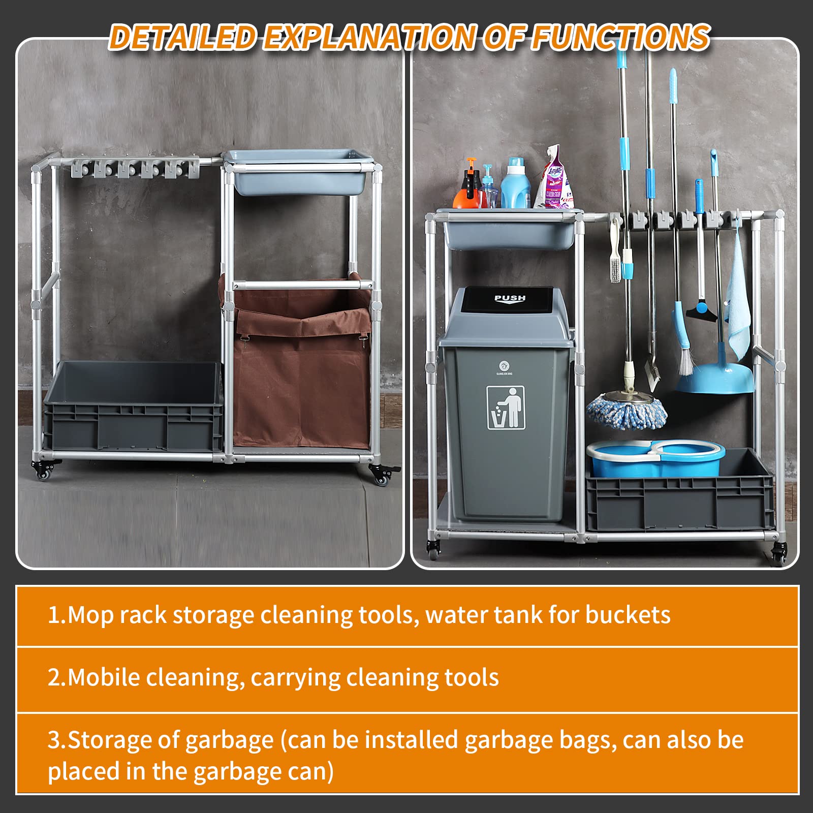 Rolling Cleaning Cart with Wheels - Janitorial & Housekeeping Supplies Organizer for Brooms & Mops