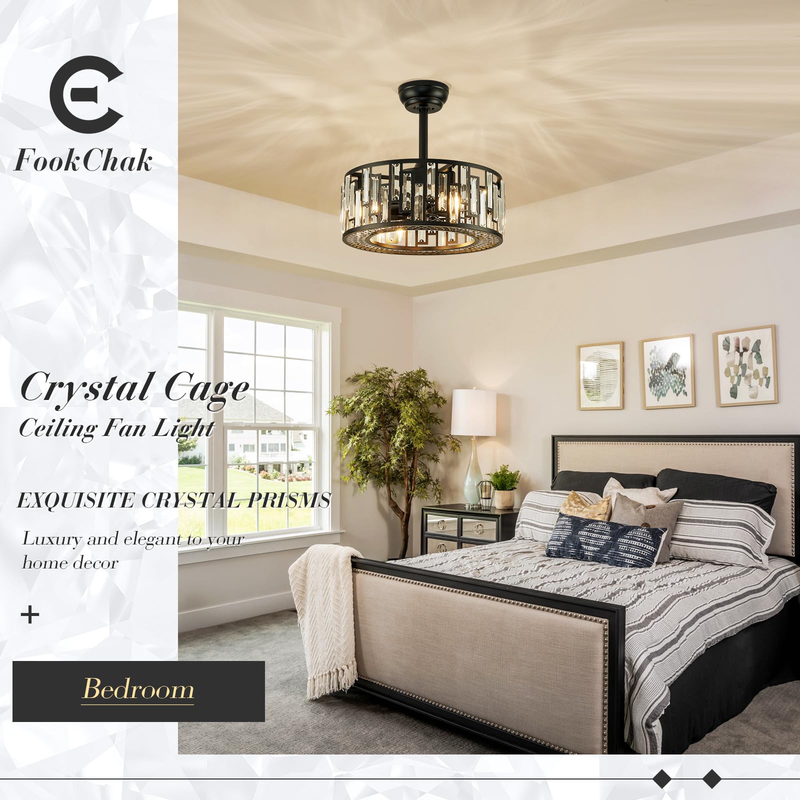Modern Black Bladeless Ceiling Fan with Crystal Cage & Remote Control - Energy Efficient Fandelier Lighting for Bedroom, Dining Room, Kitchen & Living Room | Stylish Cooling & Decorative Home Solution