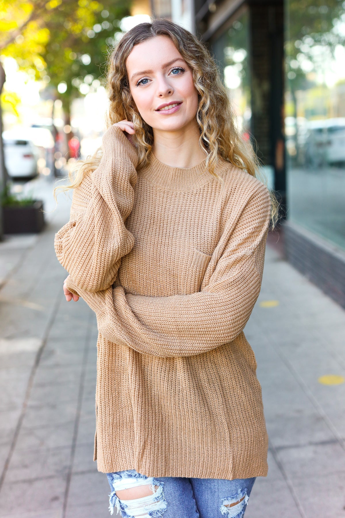Elegant Taupe Mock Neck Knit Sweater with Chest Pocket - Women's Casual Winter Pullover for Office & Date Night